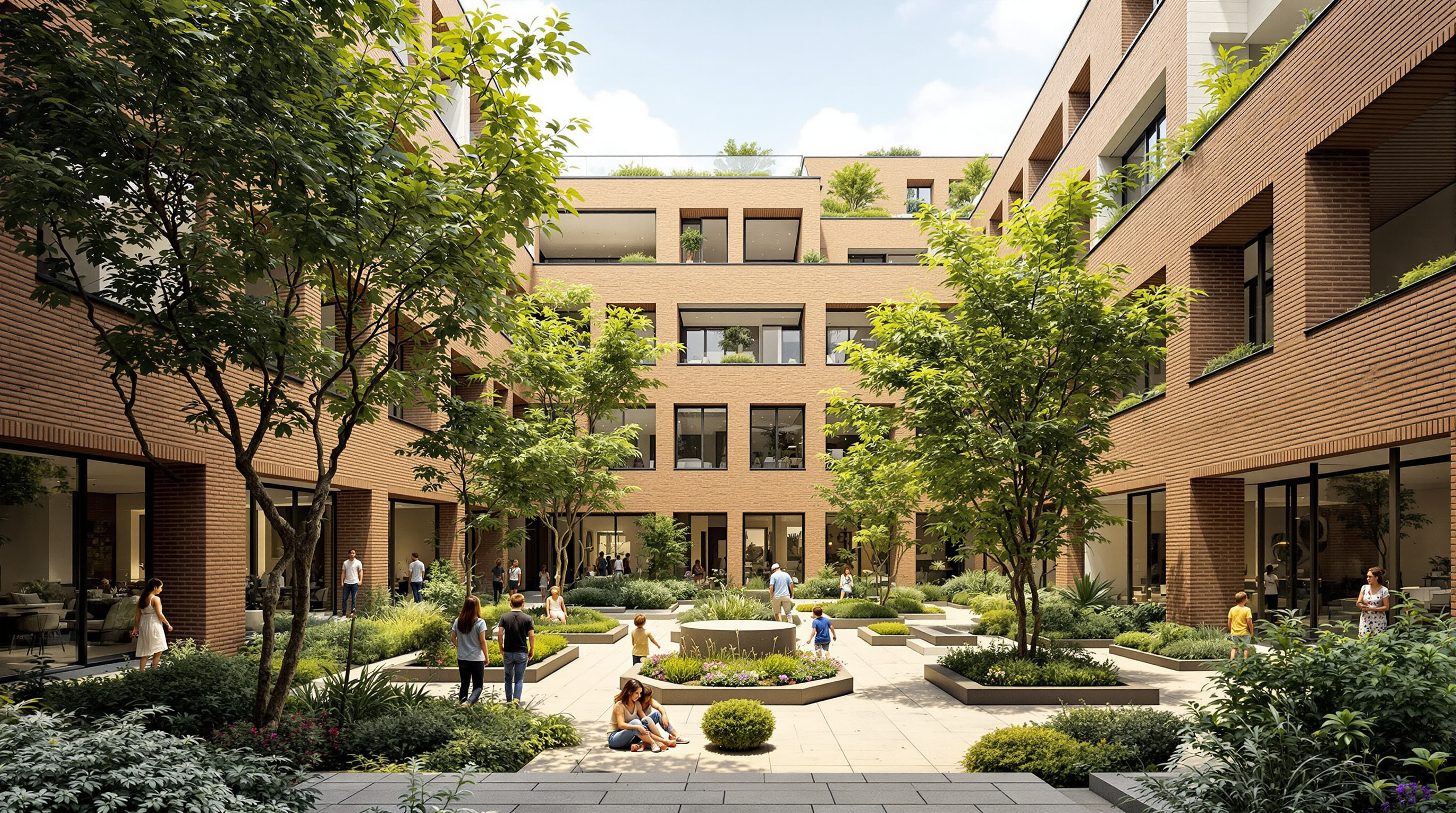 The introverted central garden of Tara Apartments seen from ground level: mature trees and shrubs in a shaded planted court, ground-floor living rooms opening onto it through brick-framed openings, stepped terraces rising on all sides, residents and children in the cool communal space