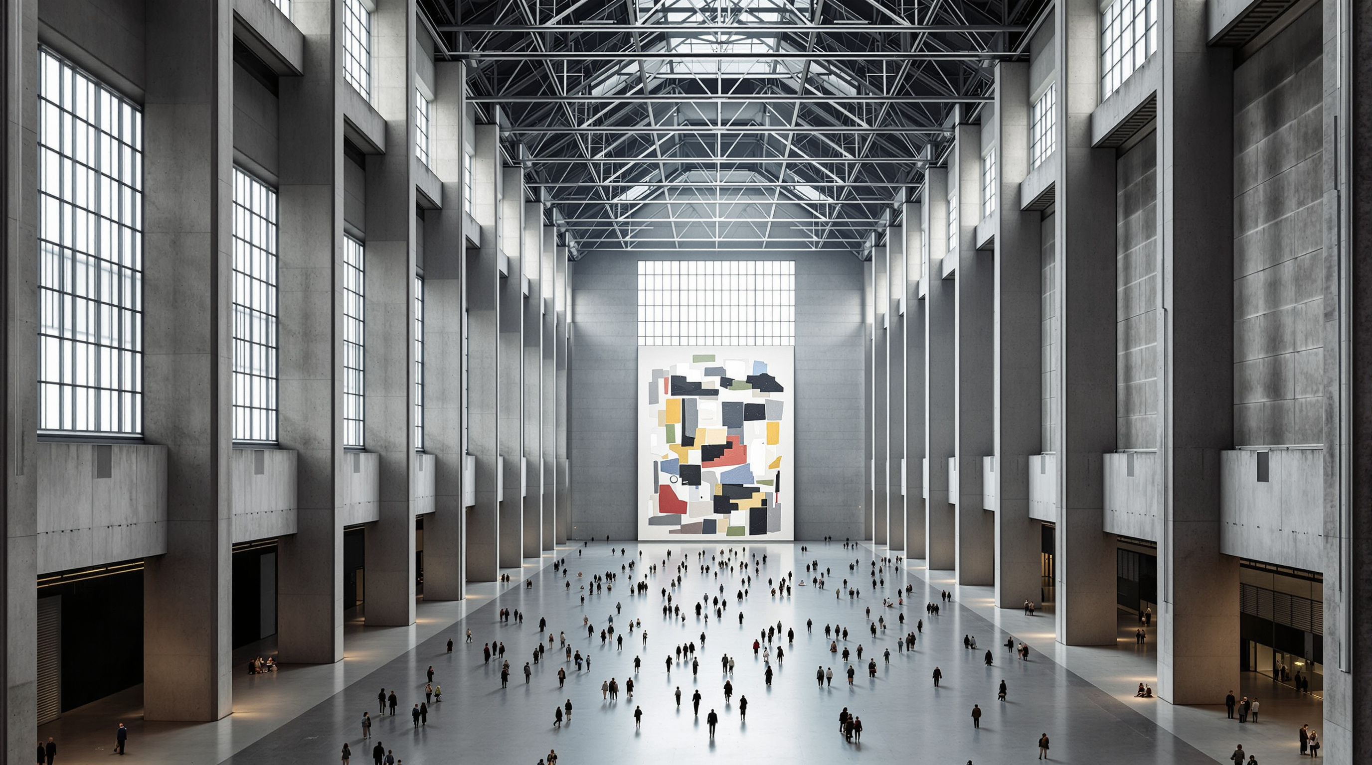 The interior of the Turbine Hall at Tate Modern, an immense cathedral-like industrial canyon of grey concrete and steel, tiny visitors gathered on the sloping floor far below a vast wall of small windows, a large contemporary art installation occupying the space