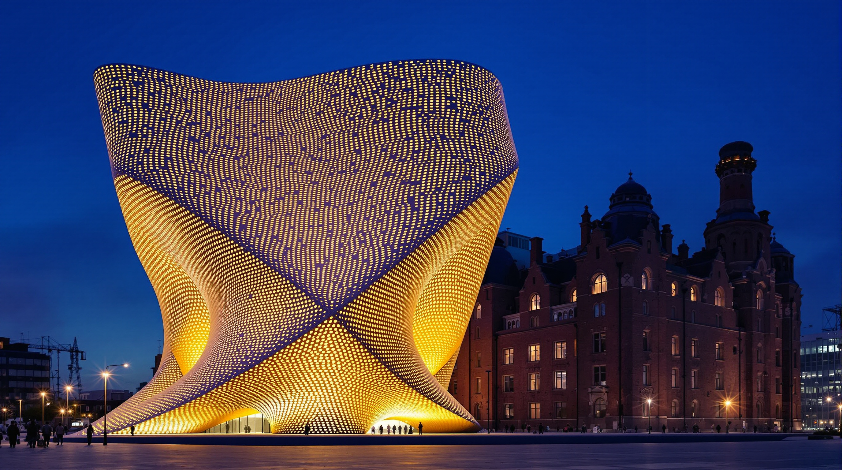 The Blavatnik Building extension at Tate Modern, a faceted pyramid-like tower of latticed perforated brickwork rising beside the original power station, its intricate brick screen glowing warmly from within against a twilight sky