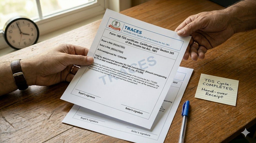 Printed Form 16B TDS certificate from TRACES being handed across a wooden table from buyer to seller — the certificate page showing the Section 203 header, redacted PANs, the deposited TDS amount line, the TRACES watermark, and signature lines at the bottom. The closing handshake of the property TDS cycle — without 16B the seller cannot claim the credit, and the buyer's compliance is not yet complete