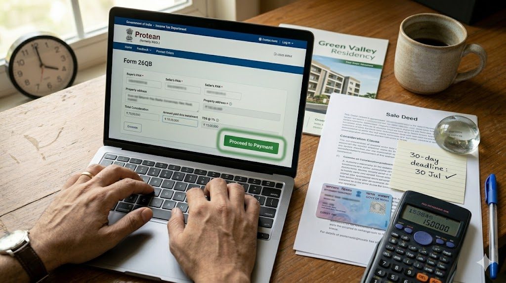 Form 26QB filing page on the Protean (formerly NSDL) Income Tax portal — the buyer's laptop screen showing the key fields (Buyer's PAN, Seller's PAN, property address, total consideration, amount paid this instalment, TDS at 1%) and a 