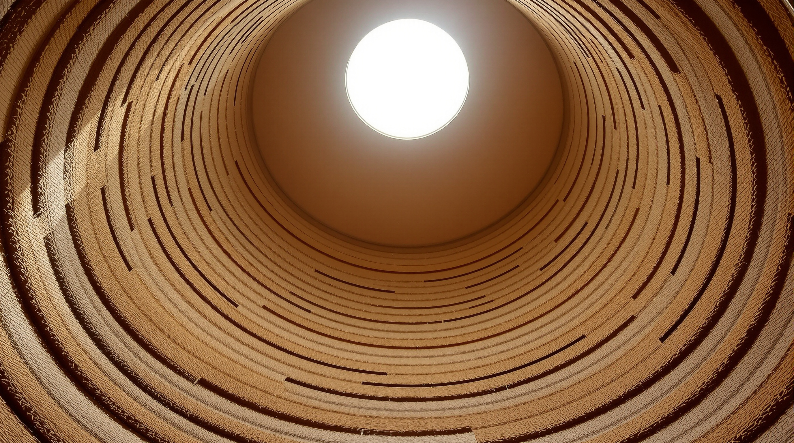 Interior of a TECLA dome looking straight up at the circular glazed oculus, the ribbed rings of printed earth spiralling inward toward the light like the inside of a shell, warm daylight raking across the corrugated clay surface