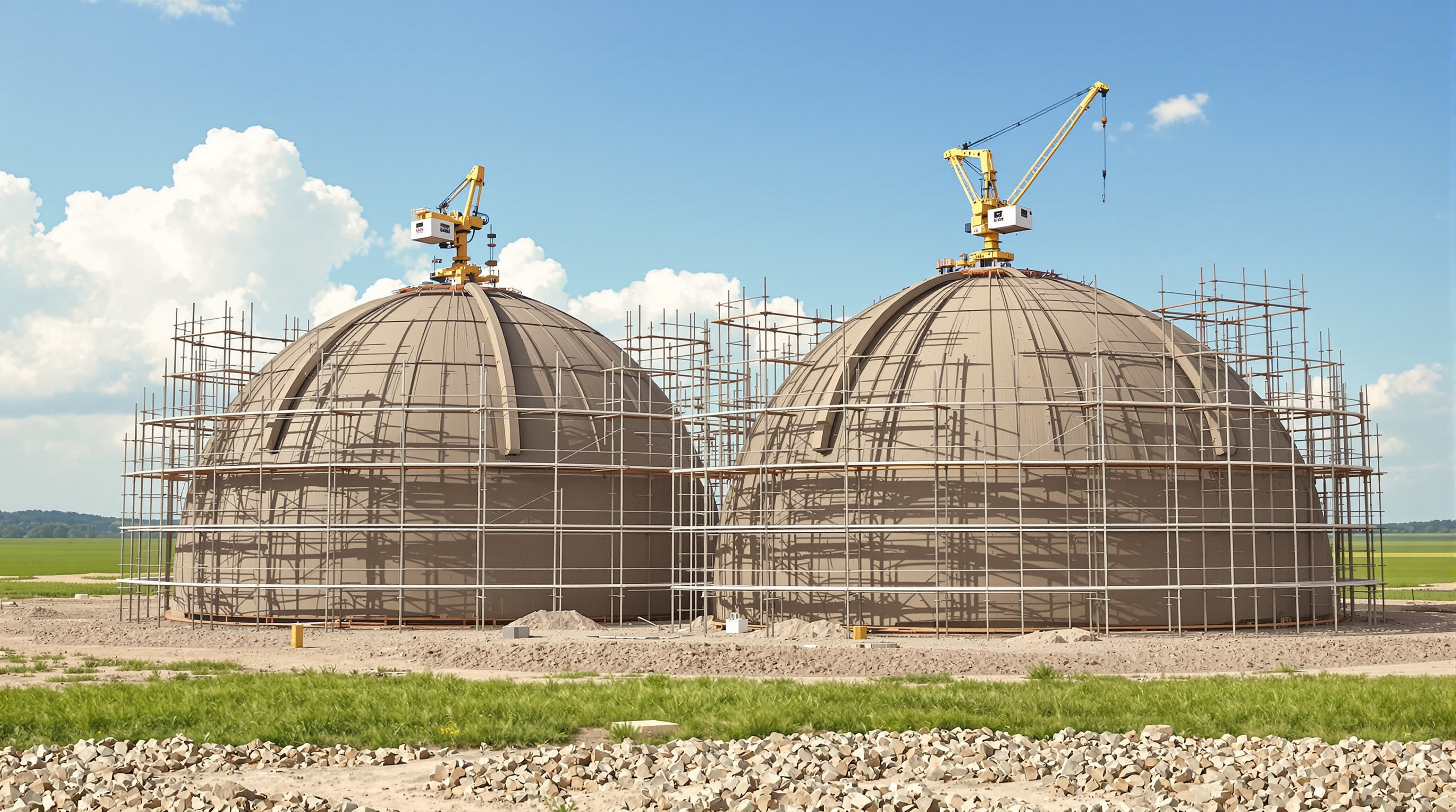 Two Crane WASP printer arms mounted on modular vertical frames working simultaneously over the two rising earthen domes of TECLA on a green Italian plain, ribbons of wet grey clay being extruded in concentric rings, blue sky above