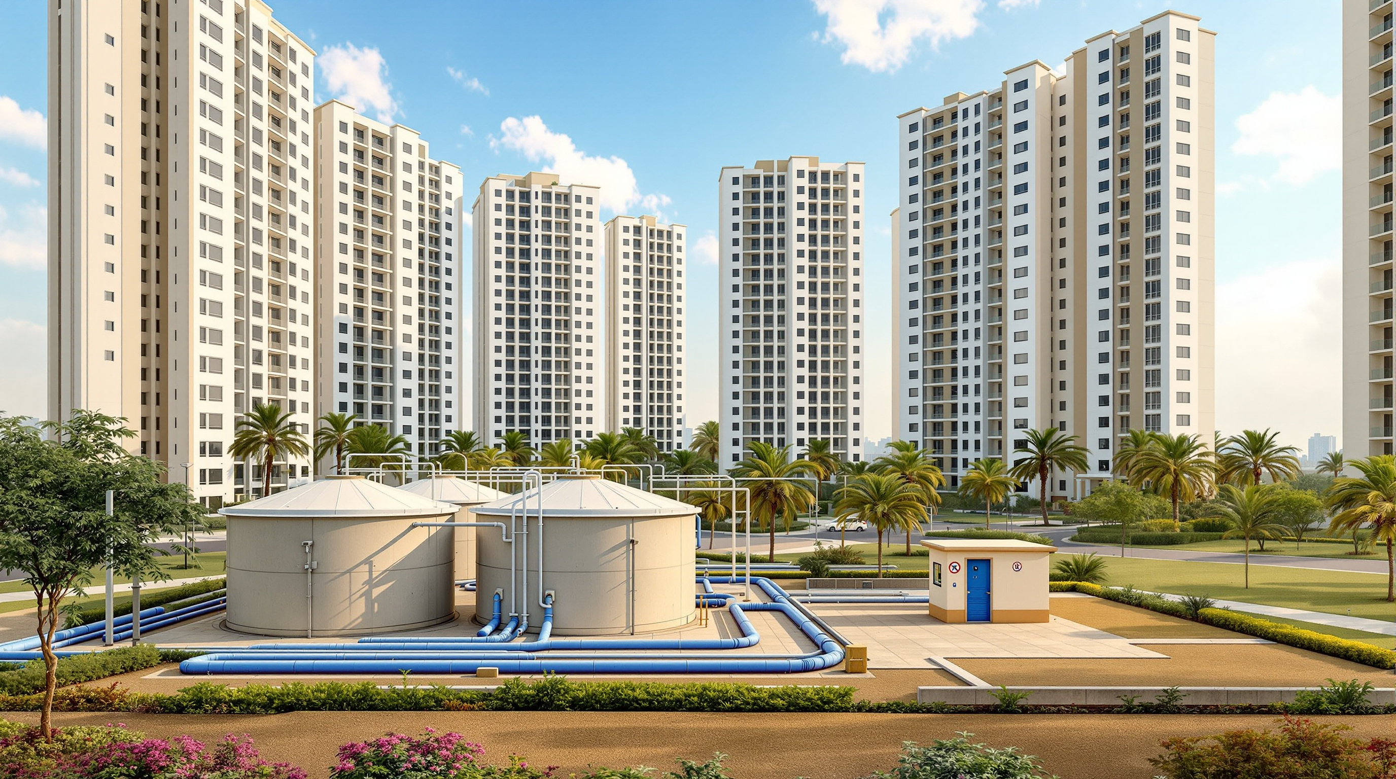 A modern residential high-rise apartment complex in Hyderabad with a compact on-site sewage treatment plant and aeration tanks in the landscaped grounds