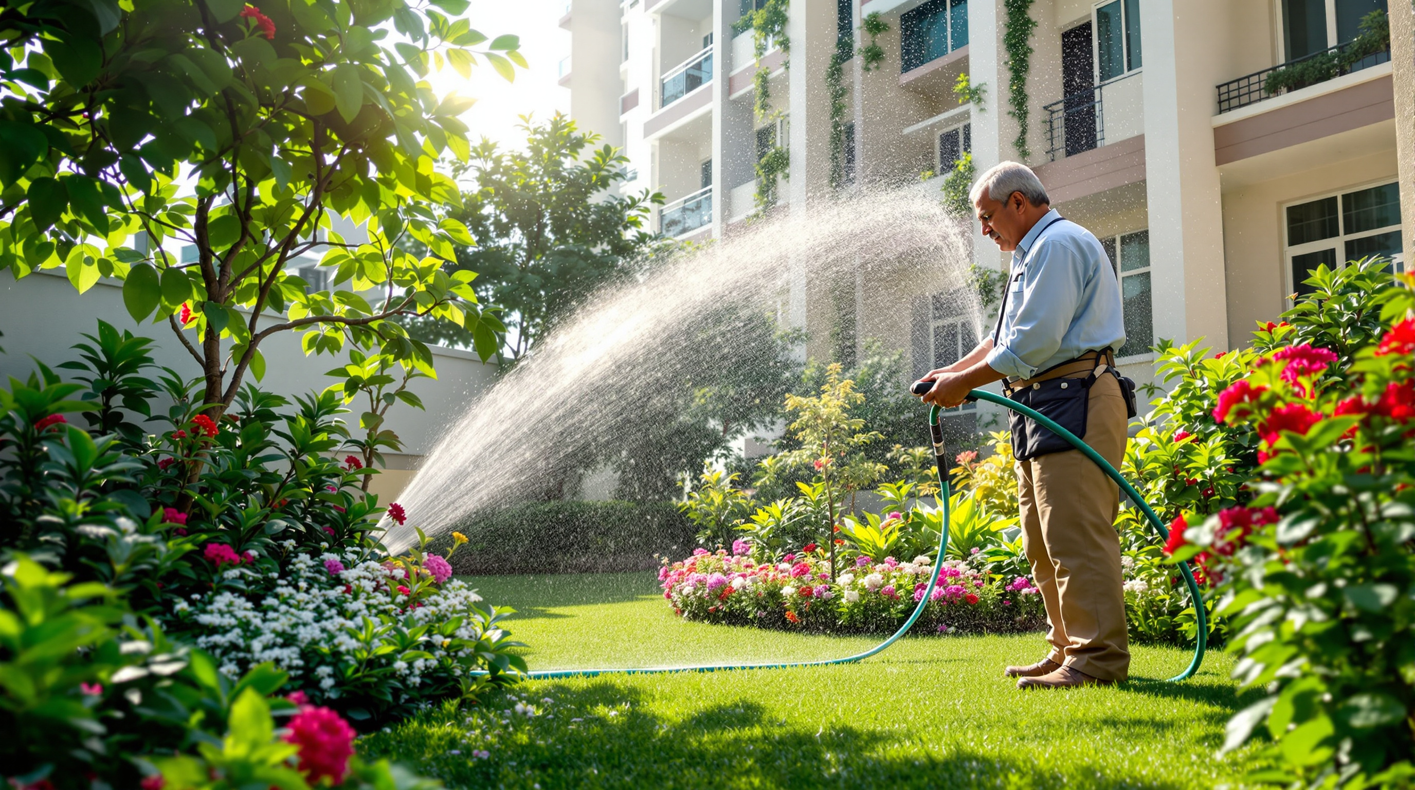An Indian gardener using treated water from a recycling line to irrigate a green landscaped lawn and shrubs in an apartment complex