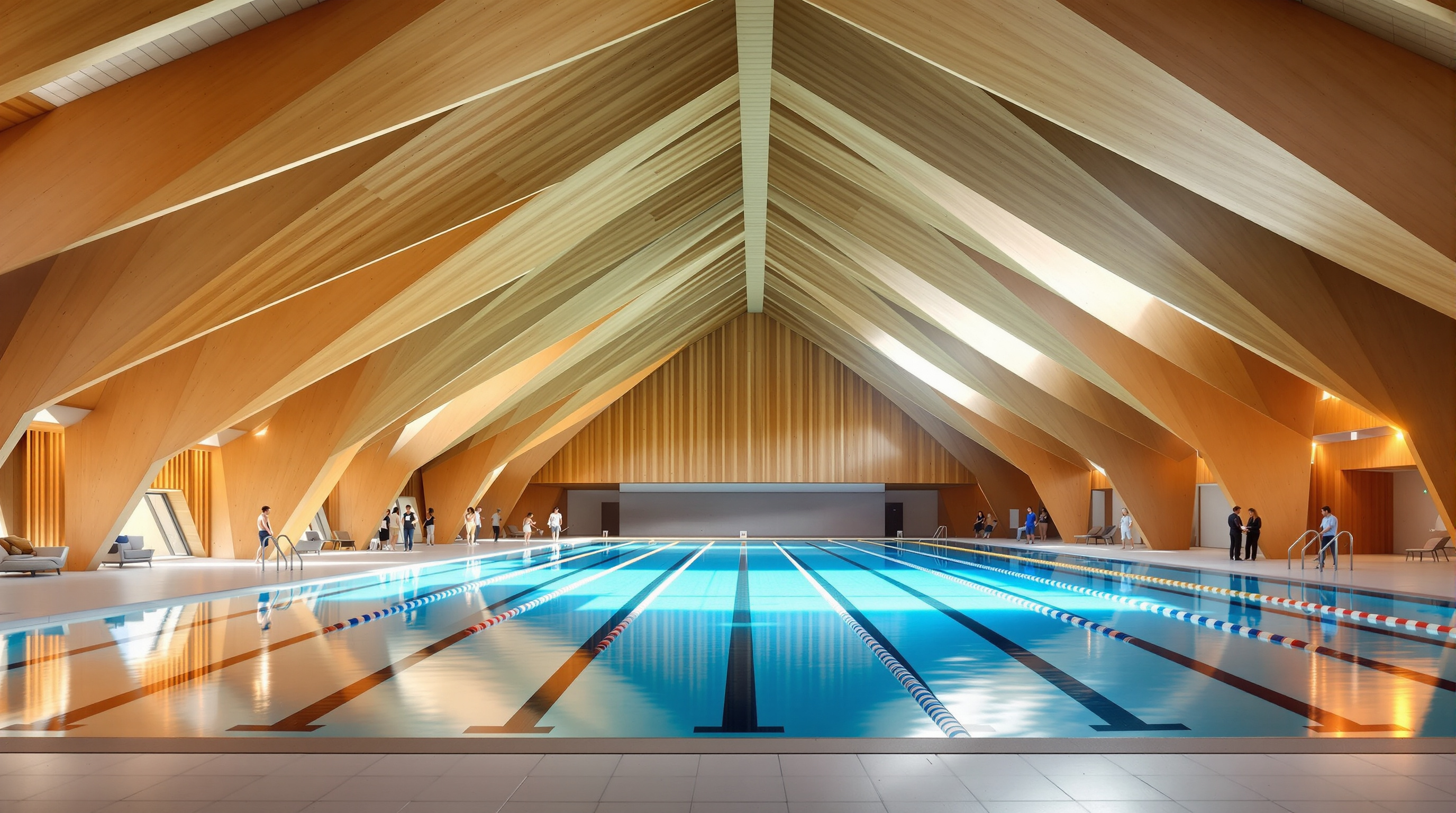 Interior of the aquatic hall: swimmers in a 50-metre lap pool beneath a warm exposed timber sawtooth ceiling, even north daylight pouring through clerestory glazing high on the folds, the timber soffit hanging low and luminous over the water