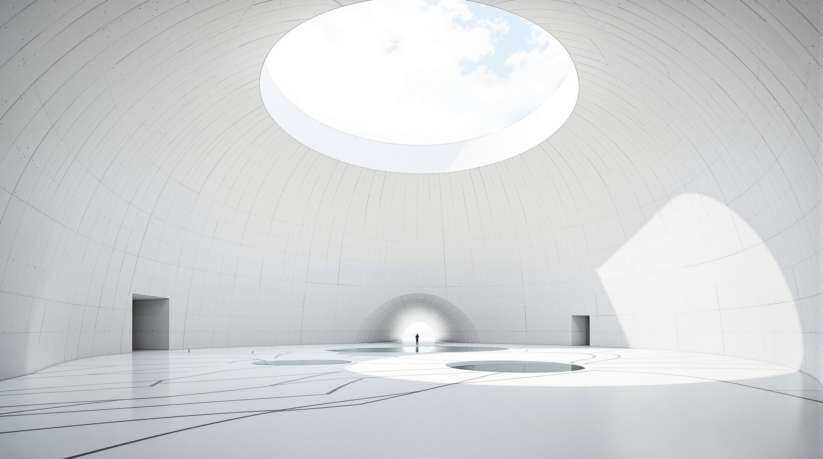 Interior of the Teshima Art Museum: a vast pillar-less white concrete cavern with a smooth curved ceiling, a large oval opening framing the bright sky, and thin threads of water gathering into small pools on the pale polished floor