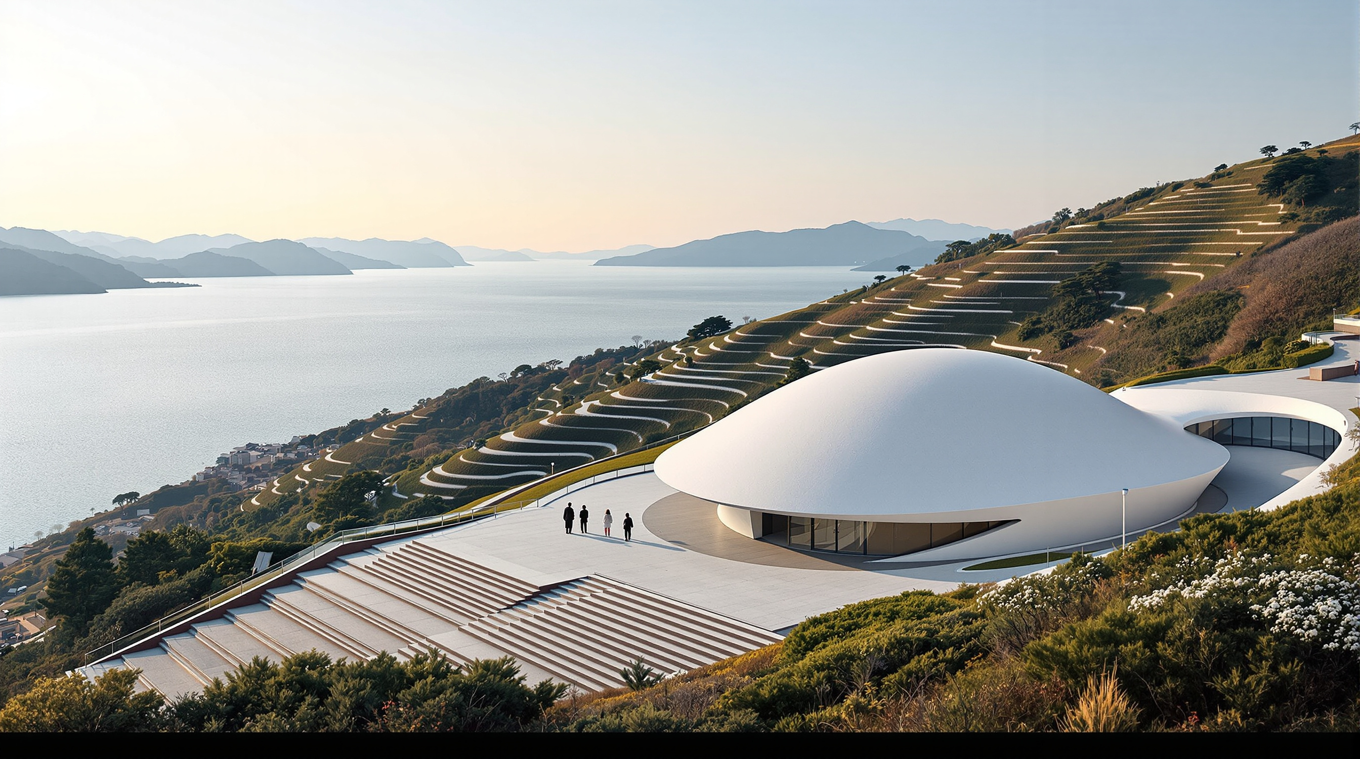 Exterior of the Teshima Art Museum seen across the terraced hillside, the smooth low white shell blending into the landscape above the calm Seto Inland Sea, a single visitor pausing at the low entrance