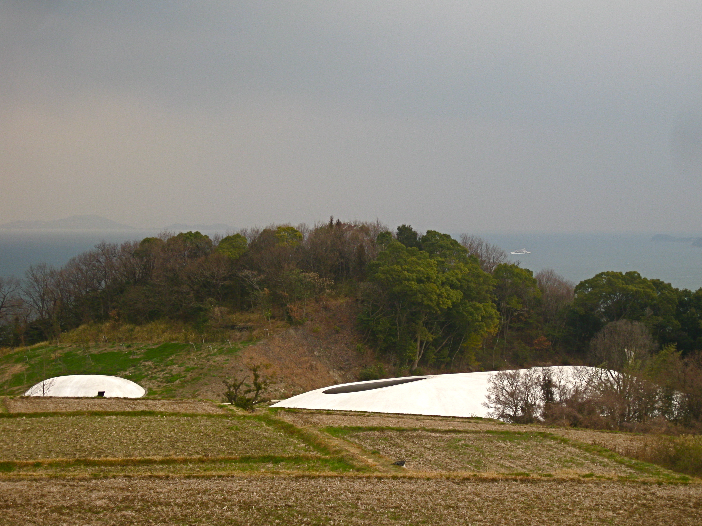 Exterior of the Teshima Art Museum's white free-form concrete shell in its terraced hillside setting (licensed CC BY-SA 3.0, used across Wikipedia editions).
