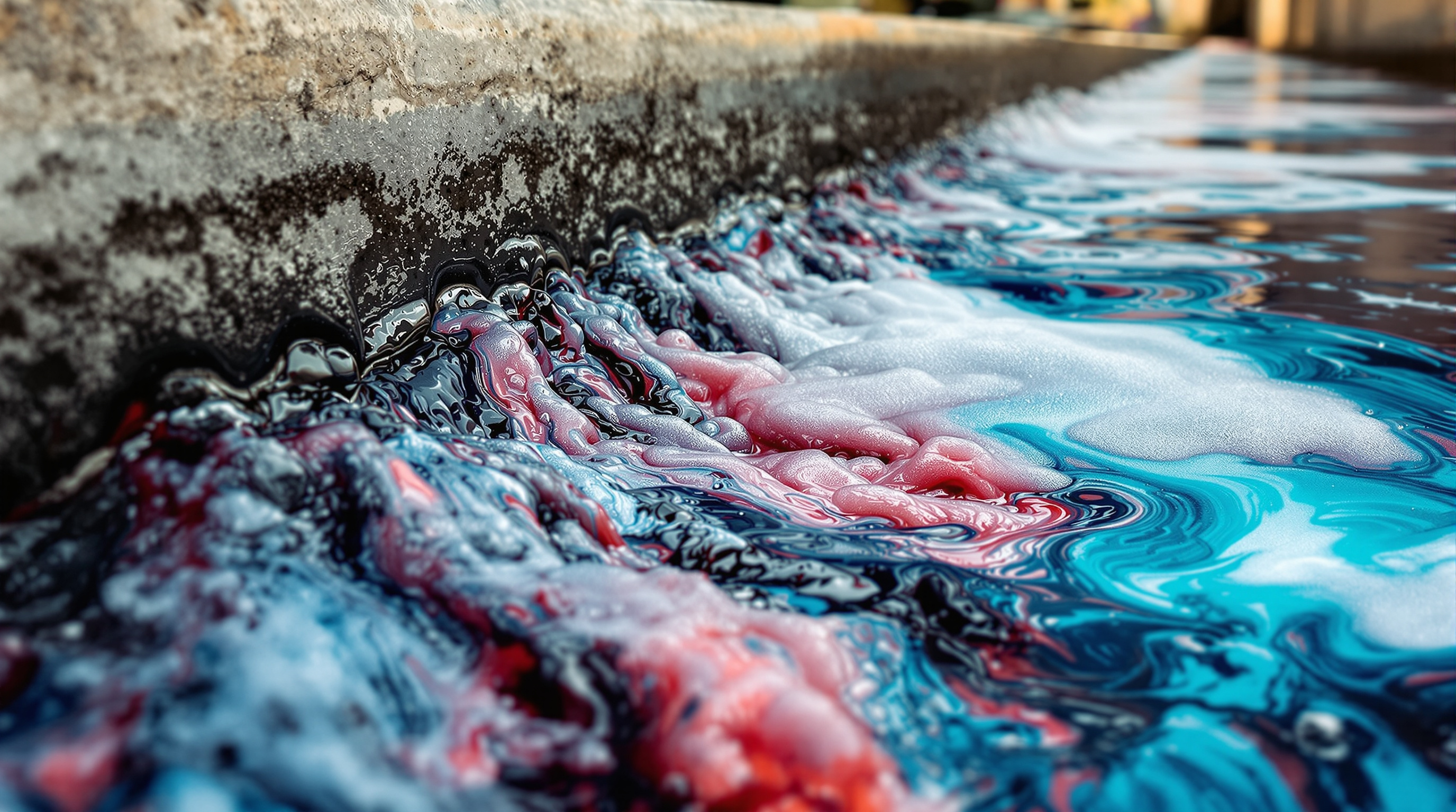 Vividly coloured raw dyeing effluent discharging from a textile unit's outfall drain in India, streaked deep indigo and crimson