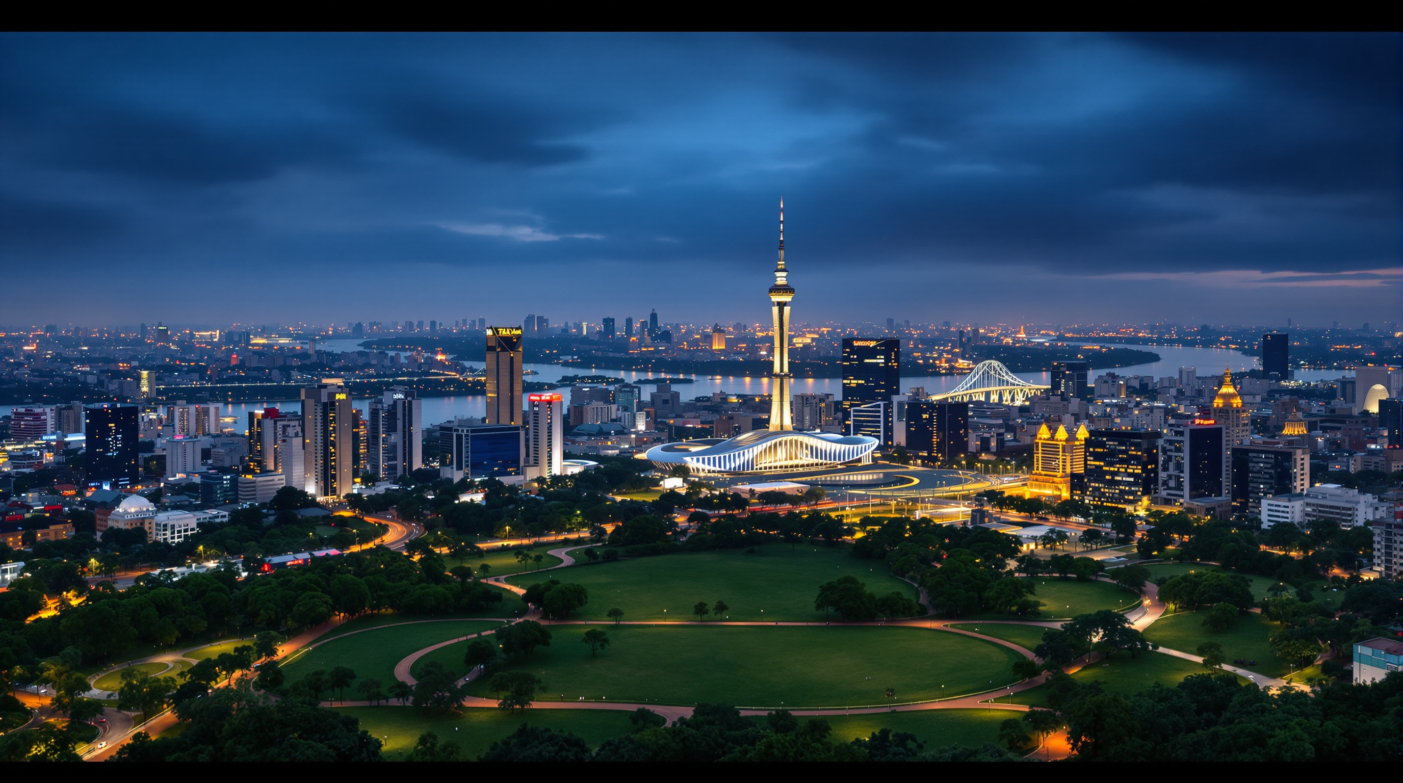 Wide dusk view of The 42 dominating the Kolkata skyline seen across the open green expanse of the Maidan, the slender lit tower standing far above the older city grid with the Hooghly river and the Second Hooghly Bridge in the distance