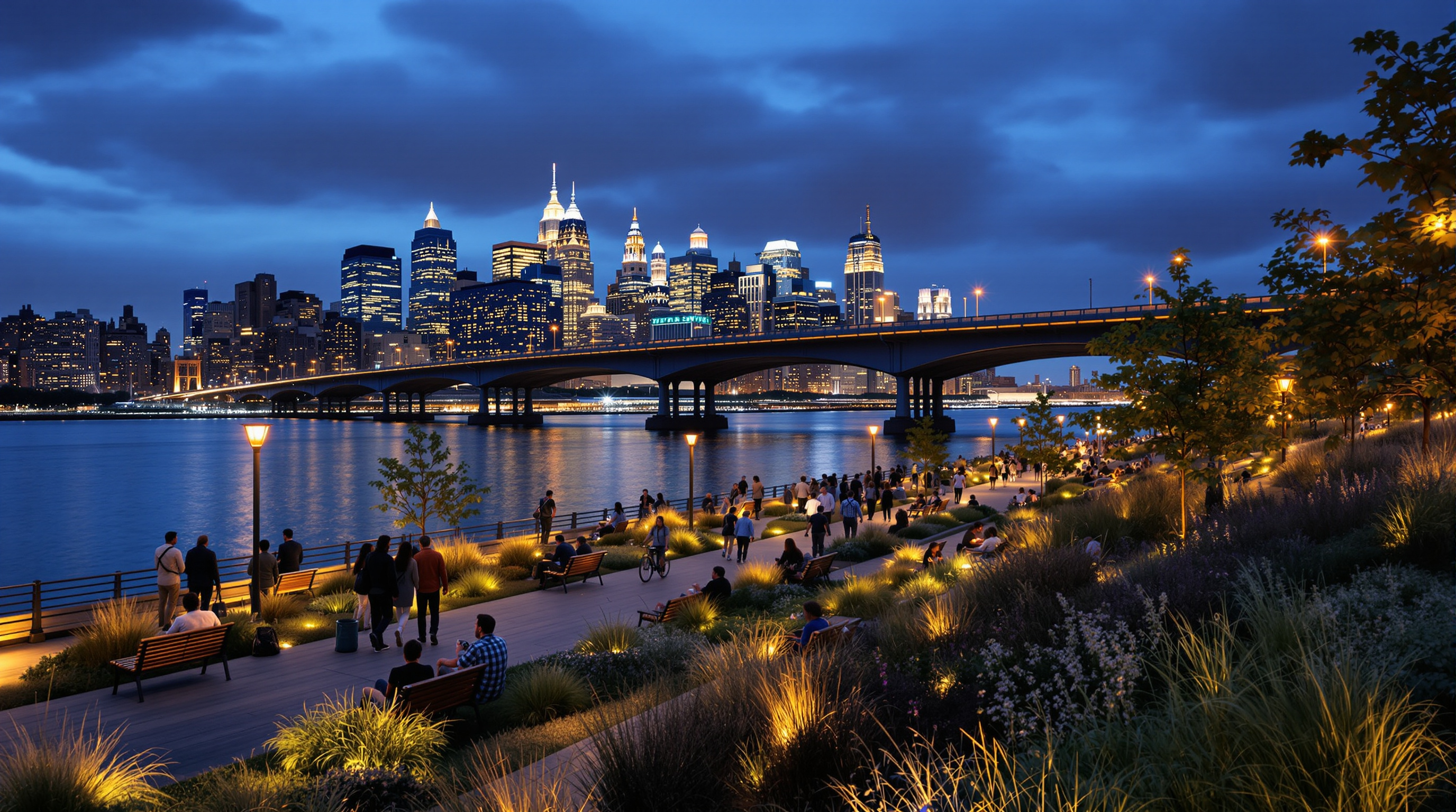 A crowded public waterfront promenade on top of a landscaped flood berm at dusk, people walking, cycling and sitting on benches, with the illuminated FDR Drive and Lower Manhattan towers rising beyond, the river reflecting city lights