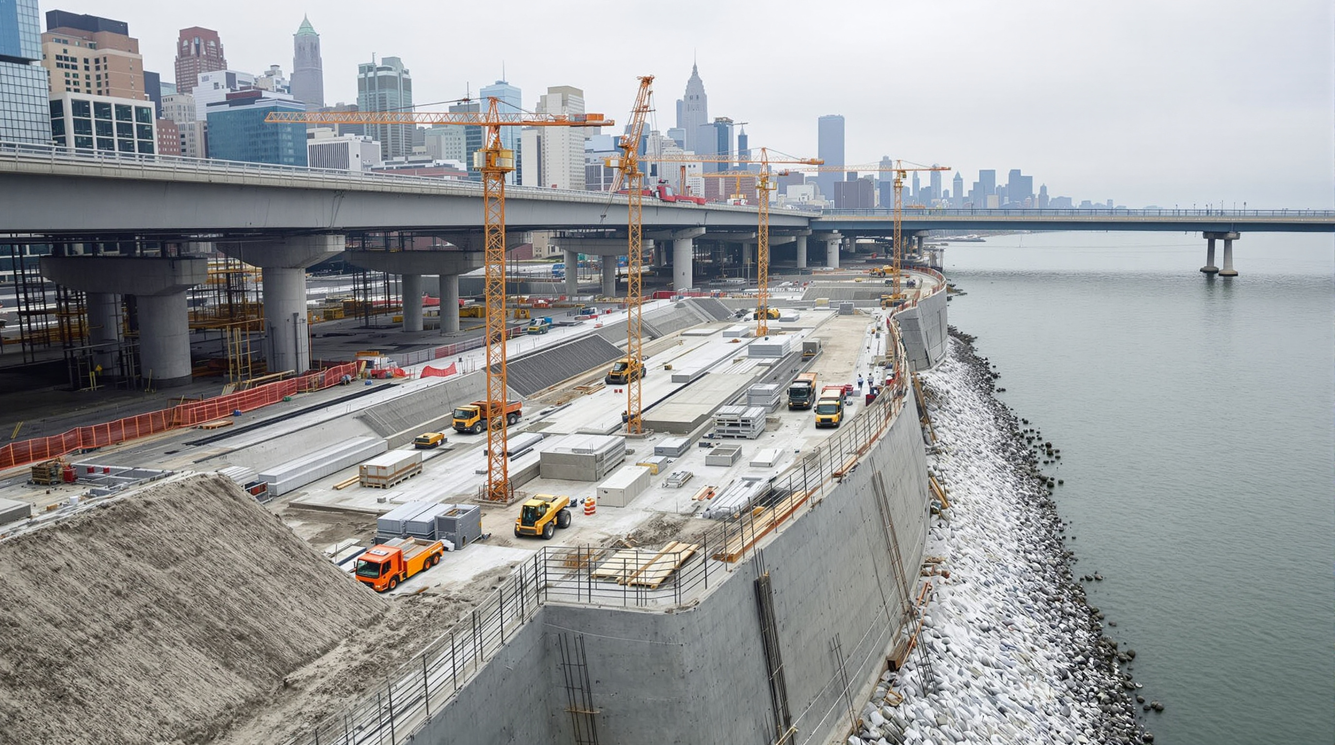A construction site along the East River where a former waterfront park has been cleared and raised, cranes and earthmoving equipment building up a new elevated landscape of soil and concrete flood infrastructure, the FDR Drive and Manhattan skyline behind