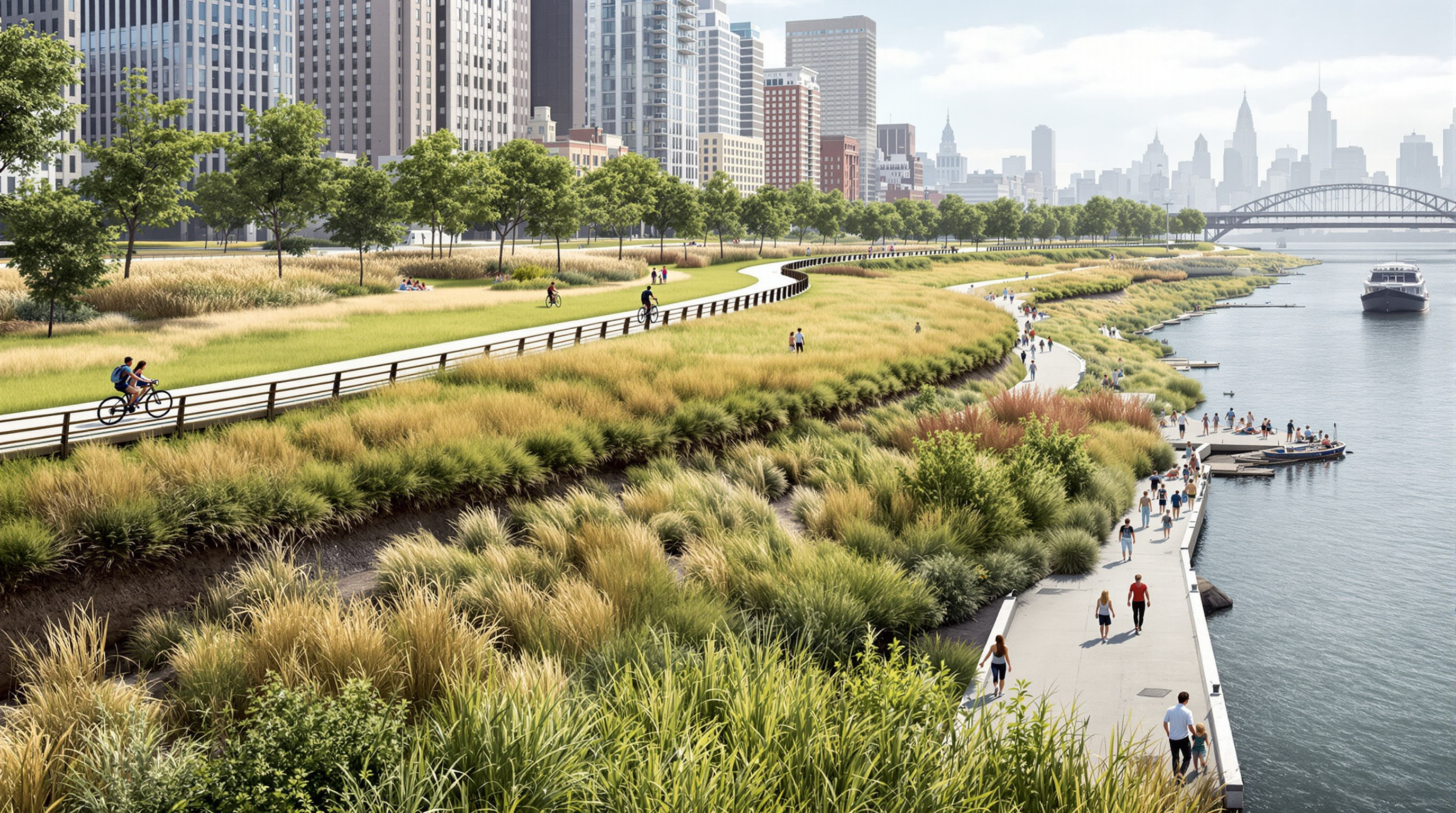 The bridging berm along the East River as envisioned: a broad grassy embankment planted with reeds and salt-tolerant grasses, a curving elevated promenade on its crest, cyclists and families on the path, the FDR Drive tucked below, the East River and the Brooklyn skyline beyond