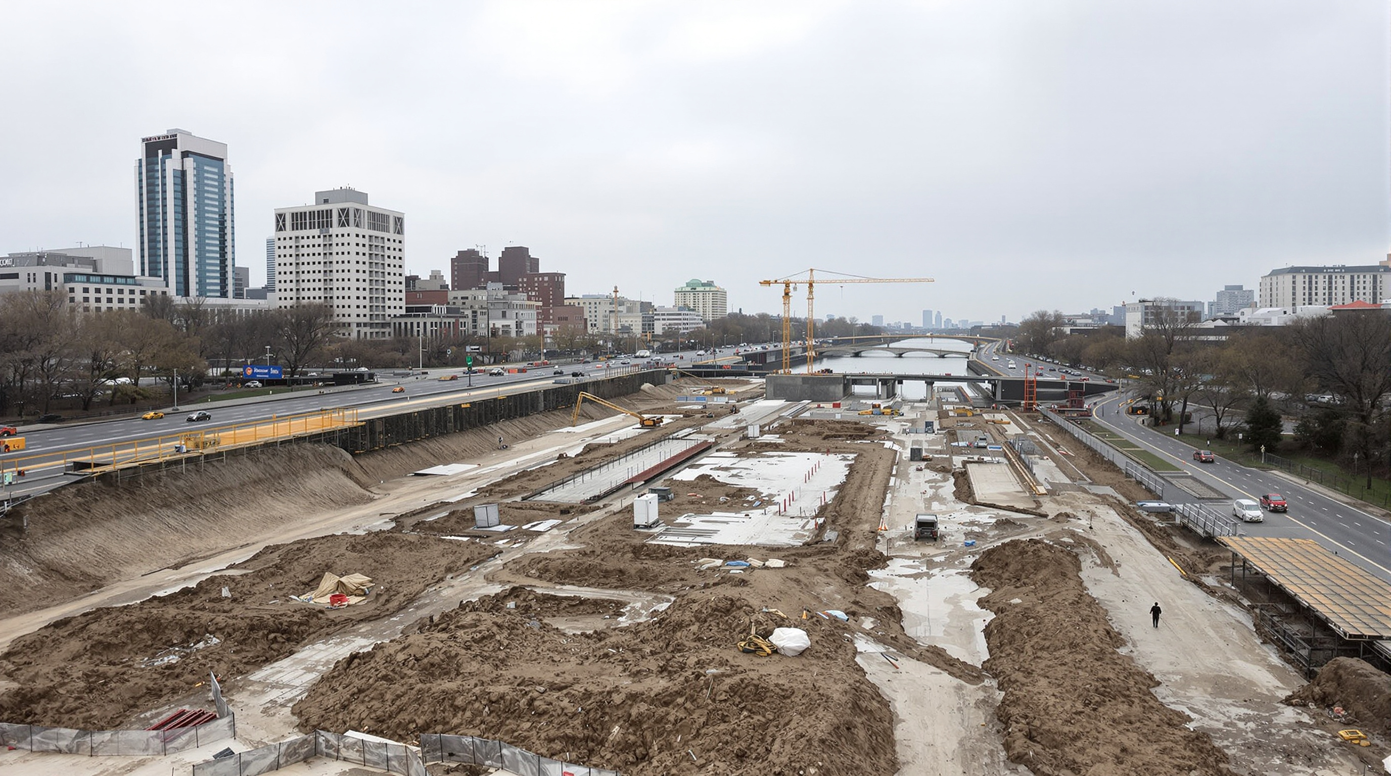 Construction along the East River in the mid-2020s: a stripped, muddy former parkland raised on fresh earth fill, new concrete flood-wall foundations and sliding floodgate housings under a grey sky, the FDR Drive alongside, cranes and hoarding where mature trees once stood