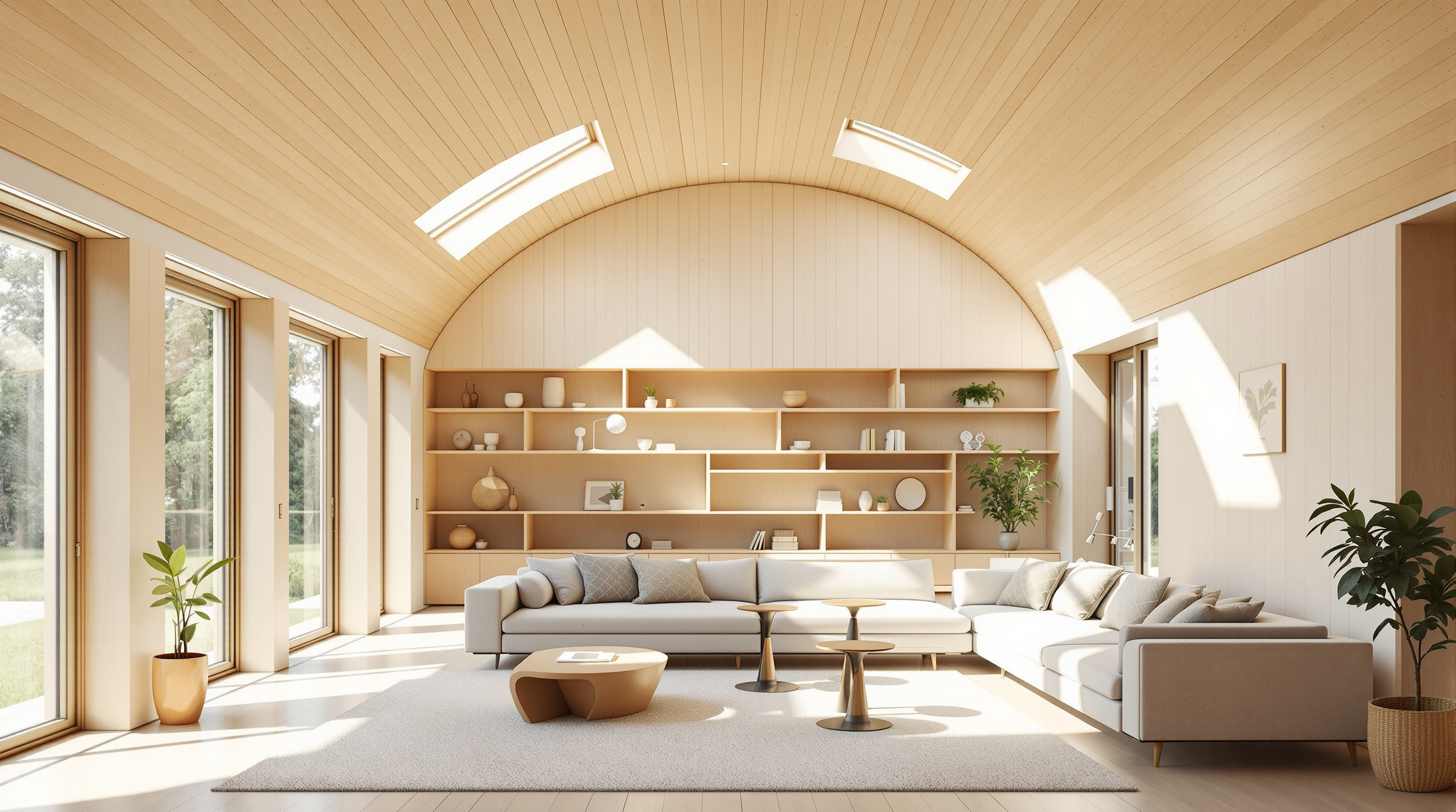 Interior of a Center for Discovery residence: a sunlit, single-storey living space with pale timber walls that curve gently out of view, a low warm-wood ceiling following the roof pitch, and soft indirect daylight from clerestory windows, with no sharp corners in sight