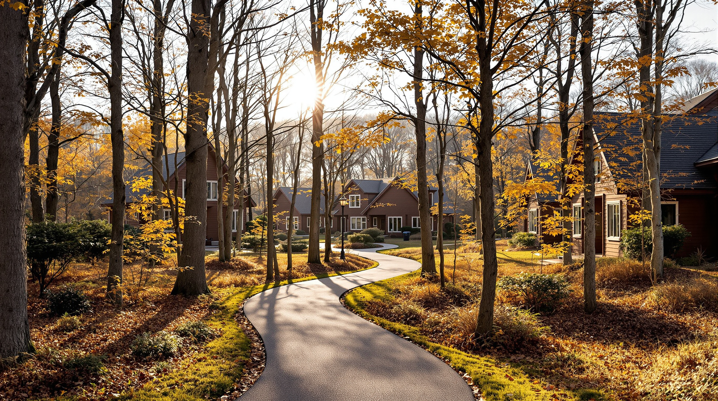 A curving woodland path at the Center for Discovery in autumn, gently guiding the eye between low timber residences and a shared community building, dappled sunlight falling through bare deciduous trees onto the meandering walkway