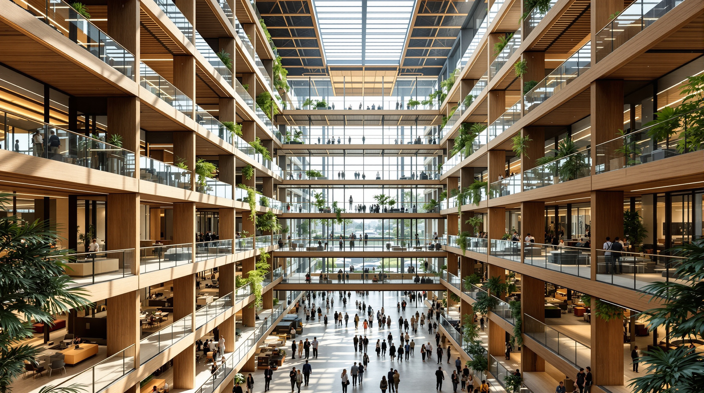 Inside The Edge's soaring north atrium: fifteen storeys of open floors connected by crisscrossing bridges and glass-walled meeting pods, timber and greenery softening the exposed structure, daylight pouring down from the fully glazed north wall onto people moving between levels