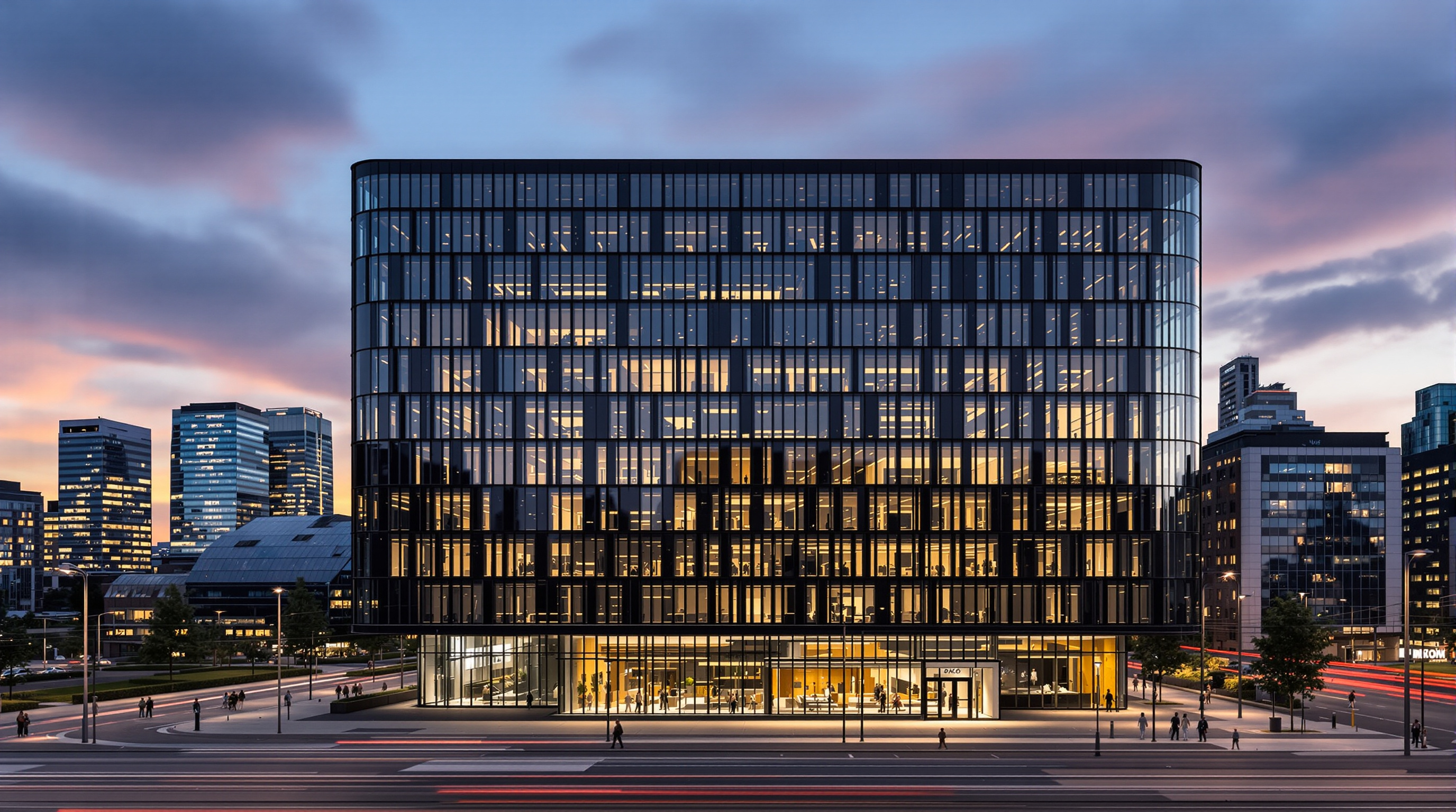 The Edge seen from the Zuidas plaza at dusk: the closed south facade a dark grid of solar panels and angled shading fins, warm interior light glowing through the north atrium glazing, tram lines and office towers of Amsterdam's financial district framing the building