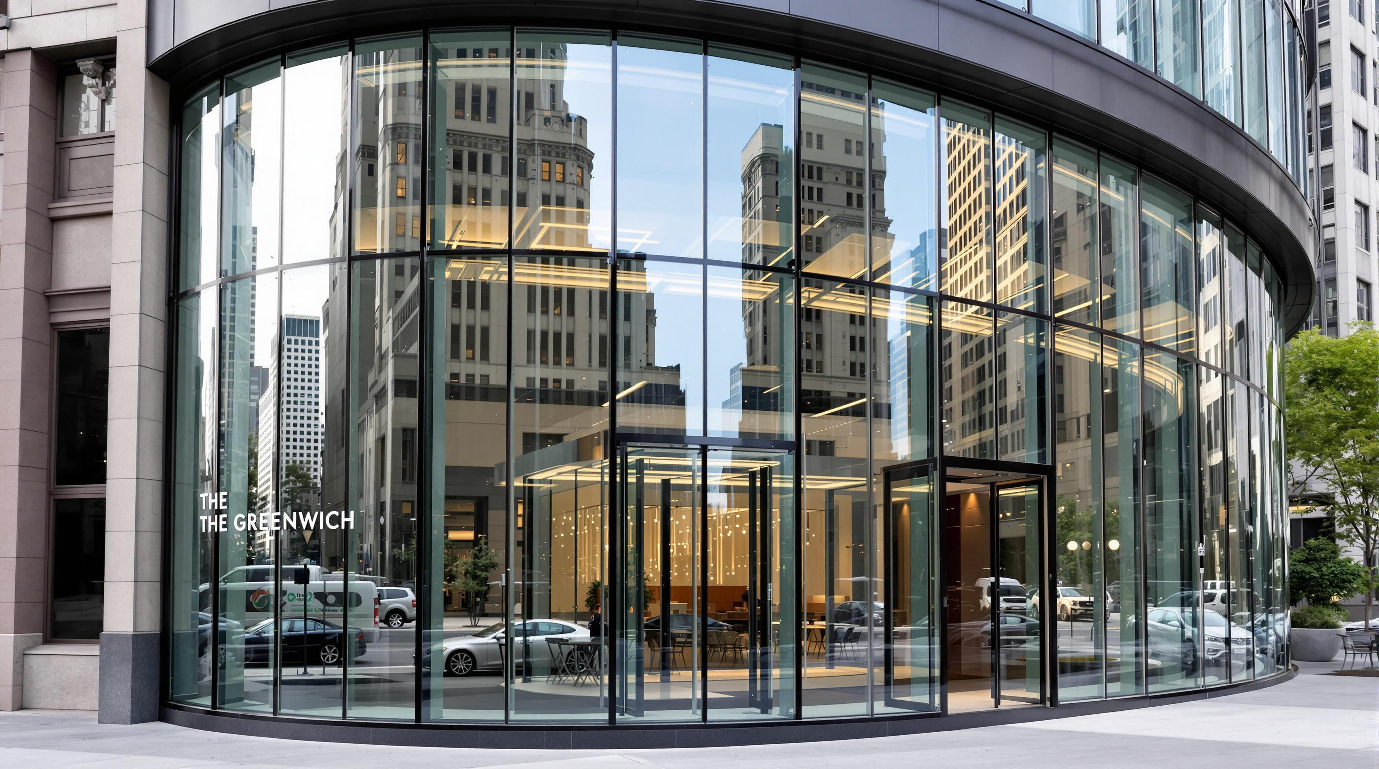 The curved glass curtain wall of The Greenwich seen close from the sidewalk, floor-to-ceiling glazing with softly rounded corners and slim vertical fins, reflecting the neighbouring Financial District towers and a slice of pale sky