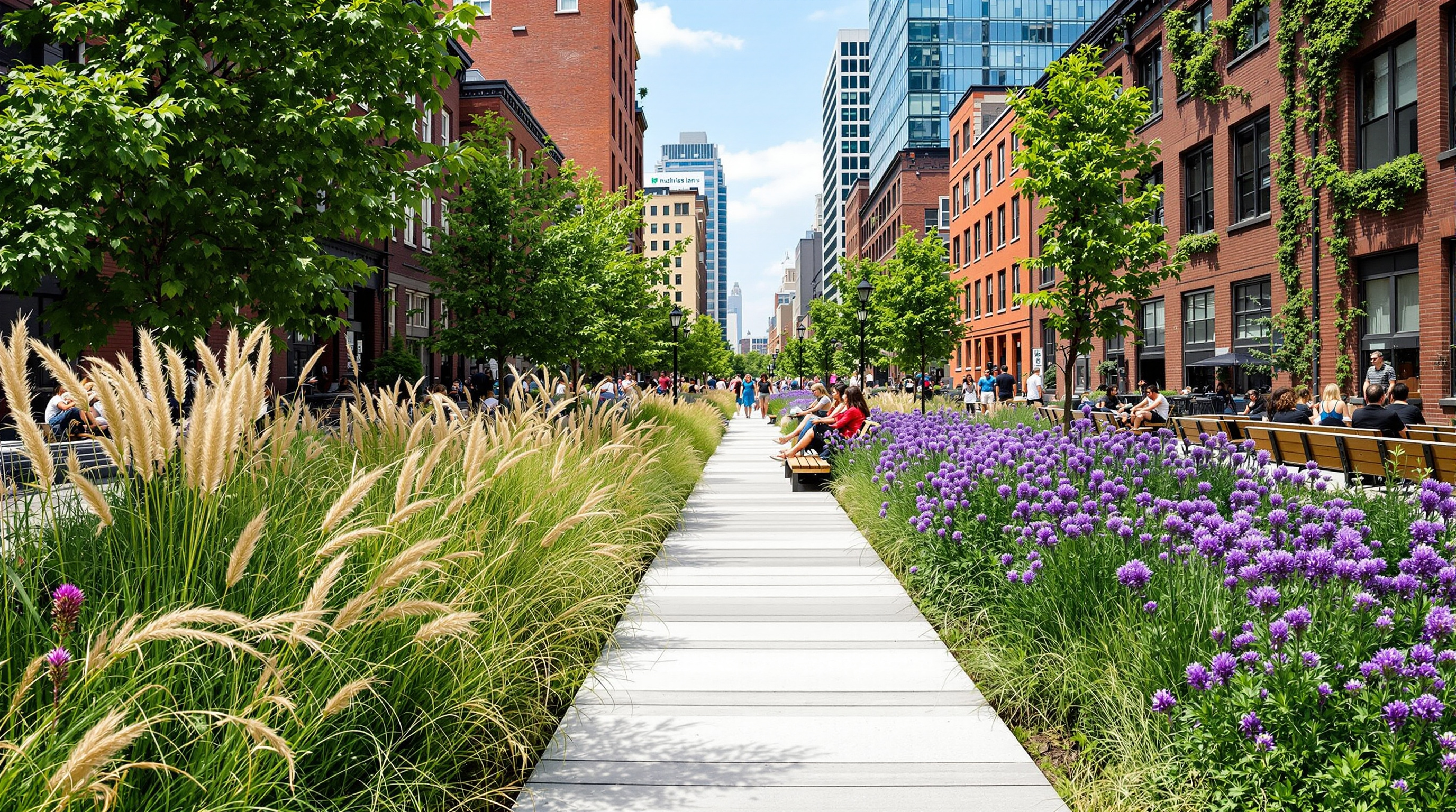 A ground-level view along the High Line pathway in late summer: tapered pale-grey concrete planks combing into dense beds of tall ornamental grasses and purple coneflowers, with visitors seated on peeled-up wooden benches, brick warehouses and a glass residential tower rising close on either side