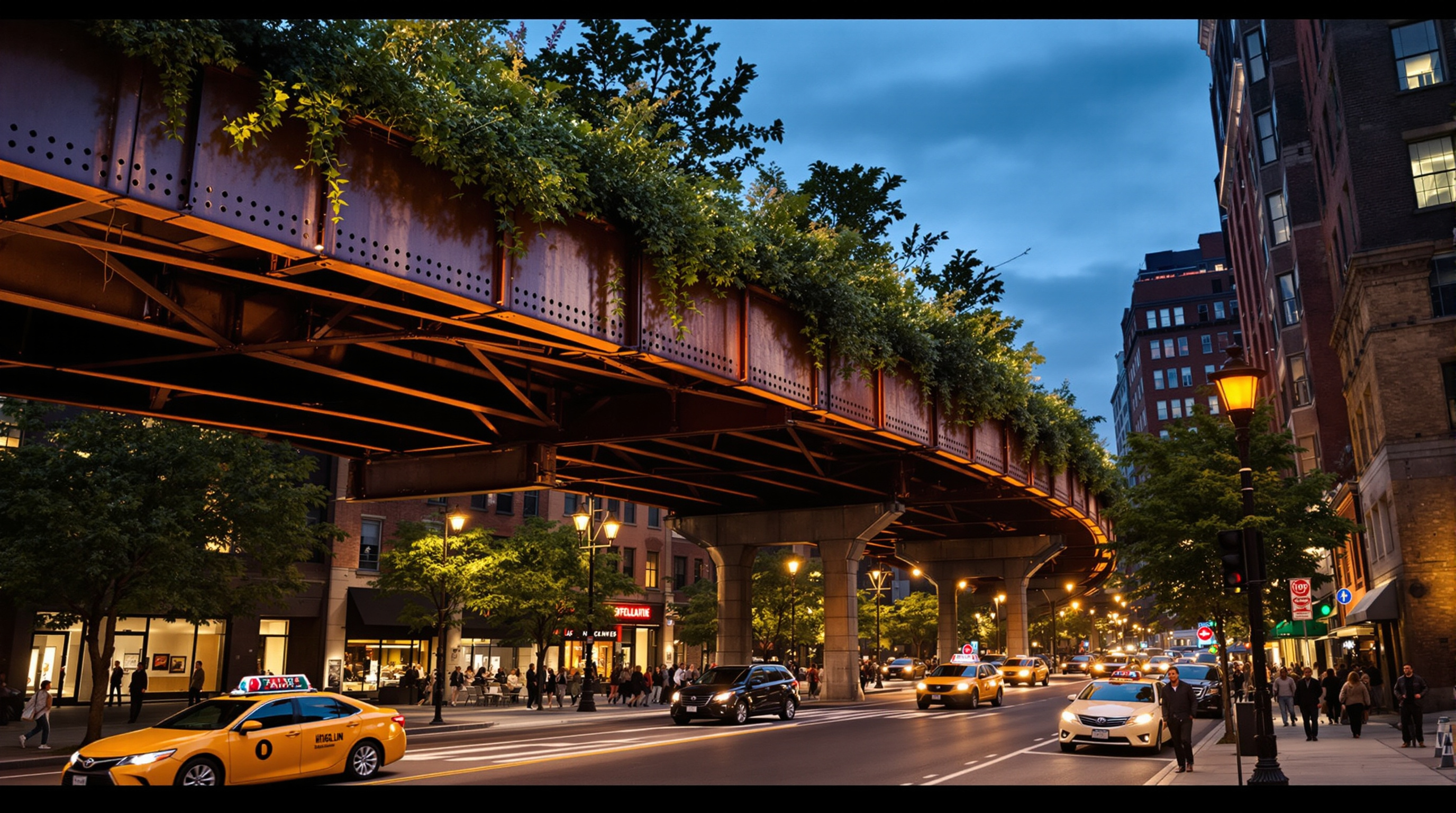 The High Line at dusk from street level looking up: the underside of the riveted steel viaduct lit warmly, plants spilling slightly over the parapet edge thirty feet above Tenth Avenue, yellow cabs and pedestrians passing beneath the elevated green ribbon