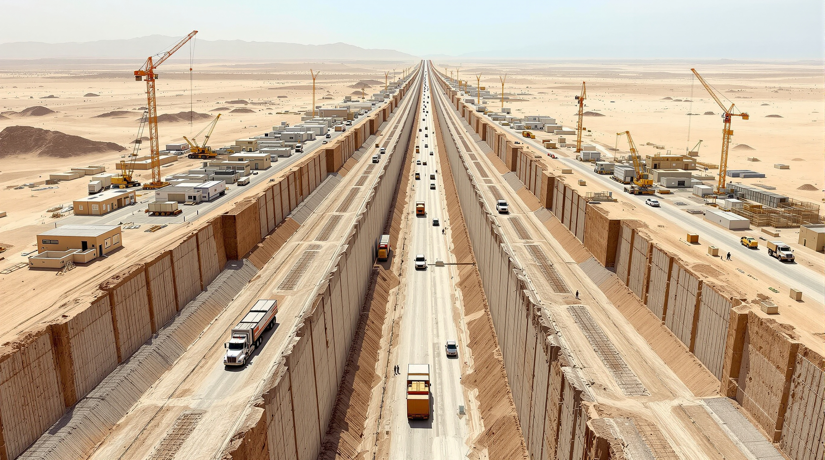 Ground-level view along the base of The Line under construction: a vast dead-straight excavated trench with piling rigs and earthworks stretching to the horizon across the pale Tabuk desert, dwarfing rows of trucks and site cabins