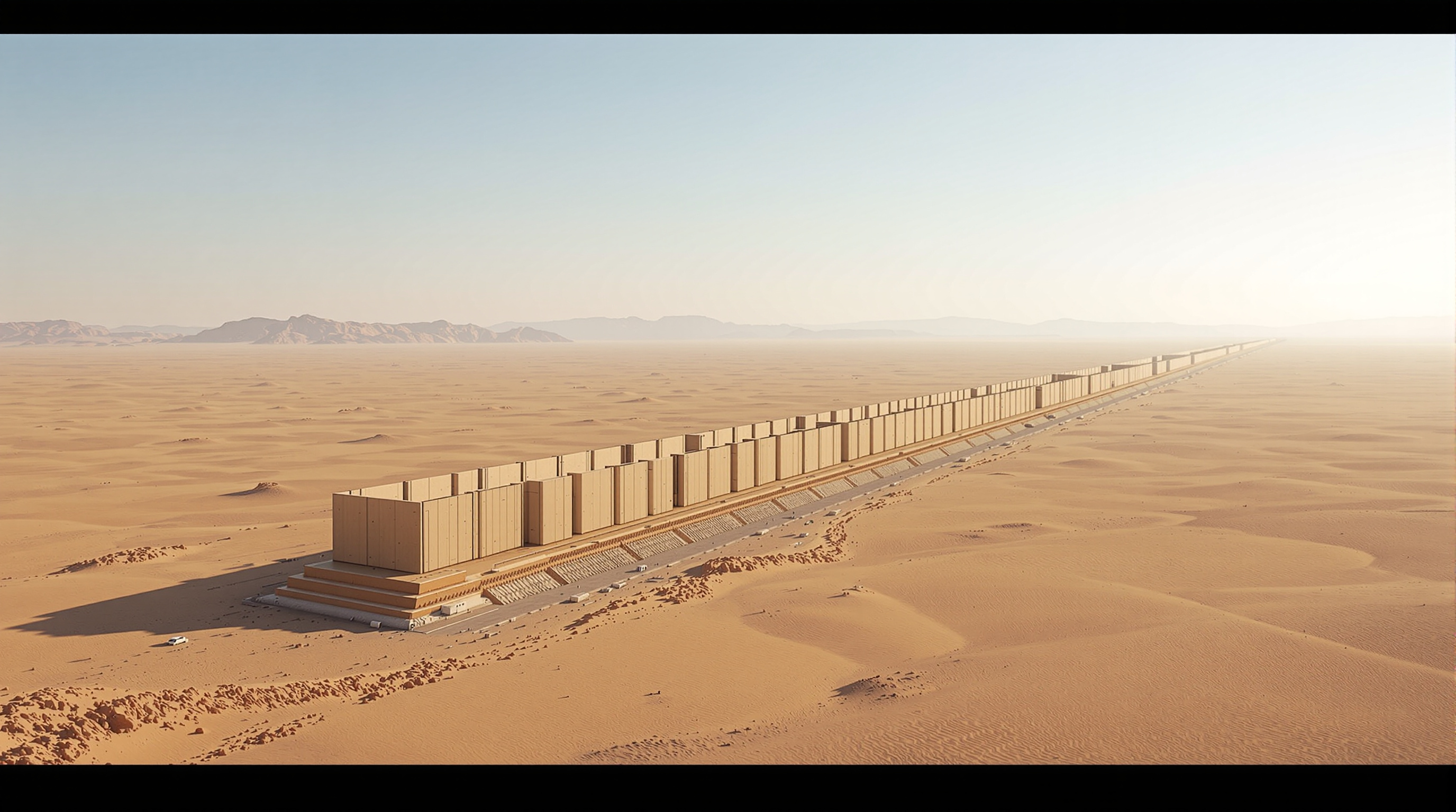 Comparison-scale view of The Line's revised first phase: a short 2.4-kilometre segment of foundations and early superstructure isolated in the vast desert, with the ghosted outline of the originally announced 170-kilometre wall receding faintly to the horizon behind it