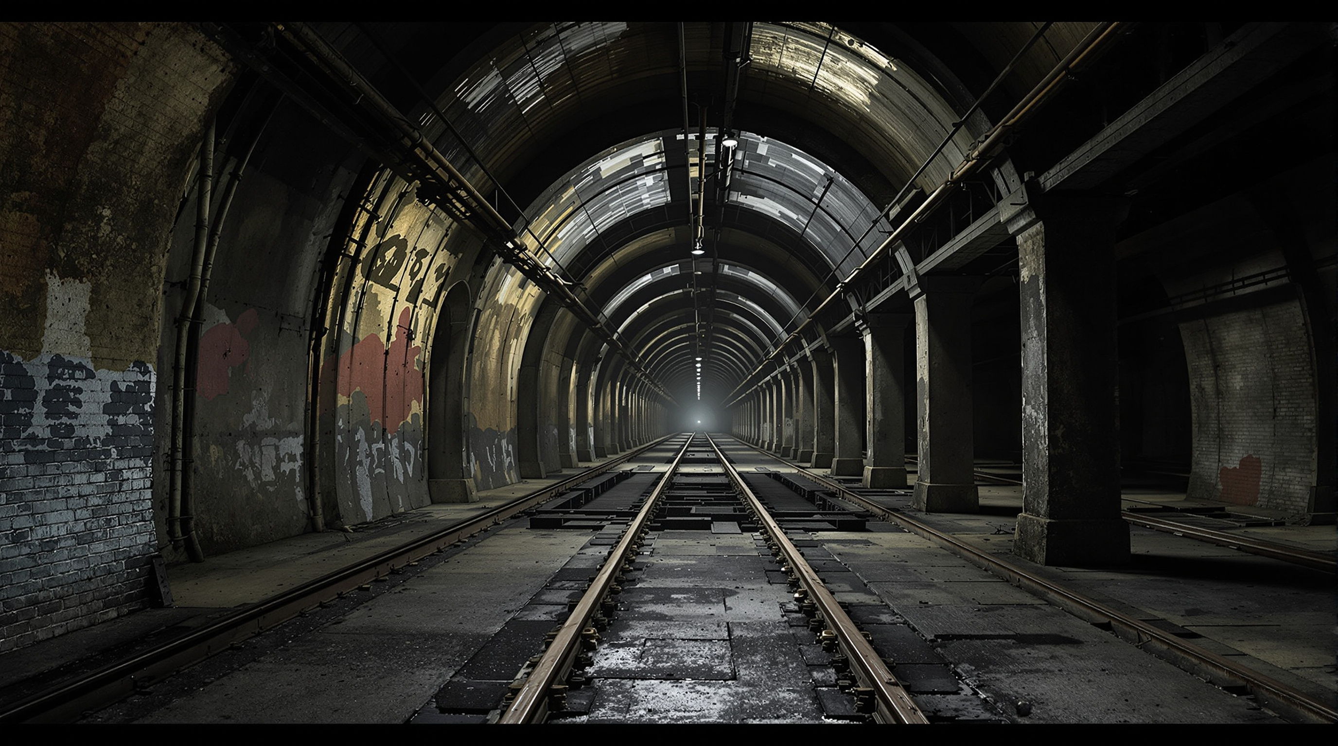 The interior of the derelict Williamsburg Bridge Trolley Terminal beneath Delancey Street, a cathedral-like underground hall with rows of riveted steel columns, curved vaulted ceilings, remnant streetcar rails set into a rough stone floor, lit only by a single exploratory work light, empty and dust-covered