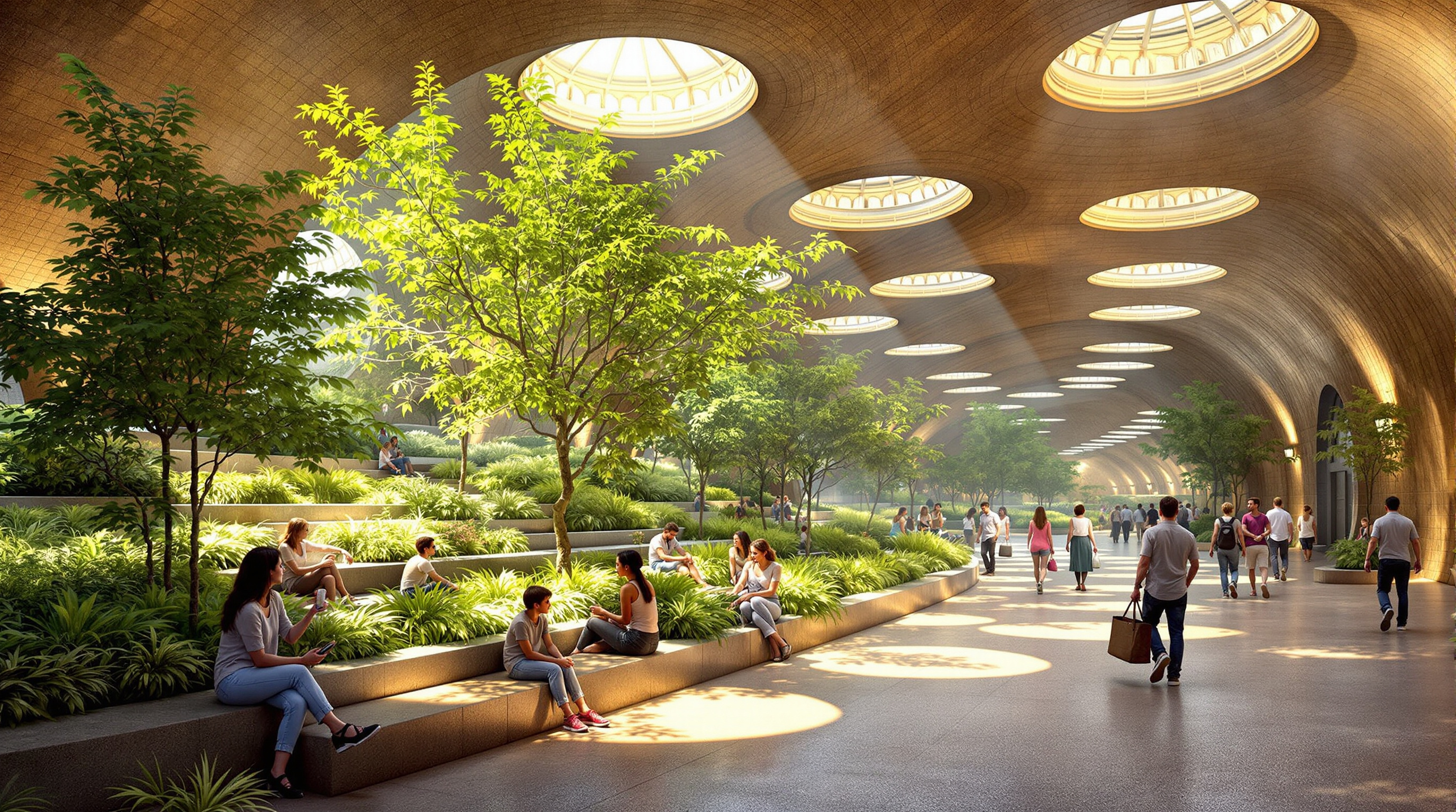 A conceptual rendering of the completed Lowline as a public gathering space: New Yorkers of many ages sitting and walking among terraced beds of ferns, grasses and small trees under the restored vaulted terminal ceiling, dappled natural sunlight falling from disc-shaped skylight distributors overhead onto a warm stone floor