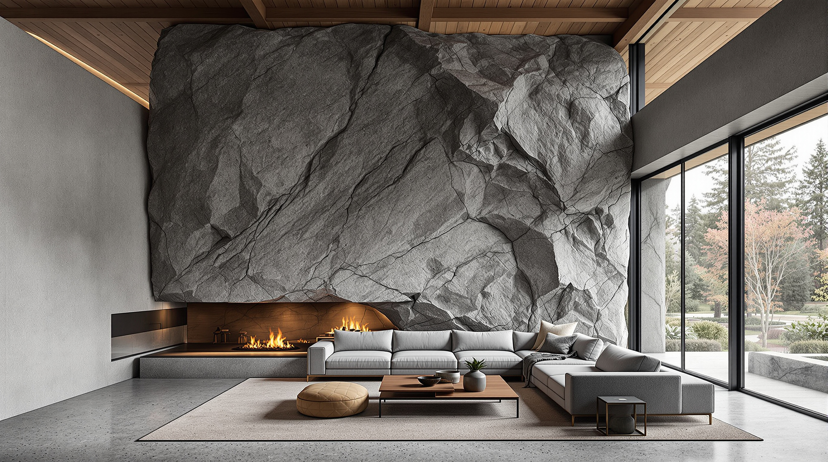 Interior of The Pierre showing a rough grey granite boulder wall extruding into a refined living room, its glacier-scarred surface left exposed beside smooth concrete, warm reclaimed wood and a steel-framed window looking out to the water