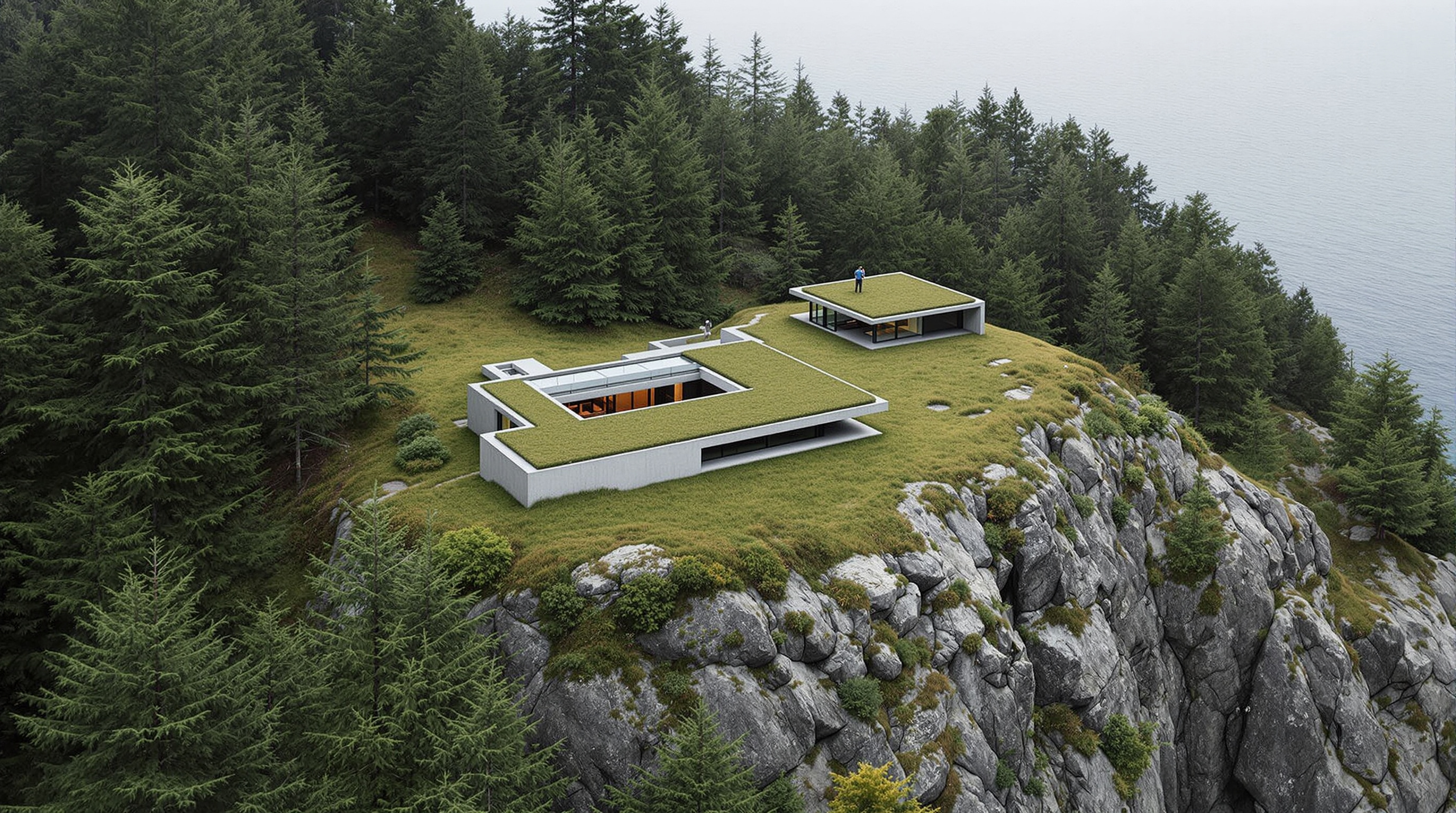 Aerial view of The Pierre almost hidden in the forested San Juan Islands landscape, its planted green roof and low concrete form blending into the rock outcrop and trees, with the grey waters of the Salish Sea beyond