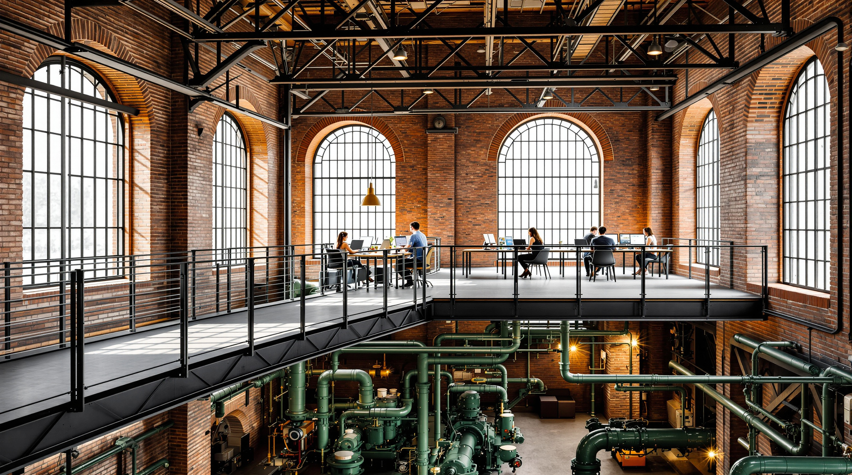 Interior of the Pumphouse: office workers at desks on a bright suspended steel-and-glass floor, looking down through openings at the preserved 1906 cast-iron pumps and green-painted pipework in the hall below, natural light pouring through tall arched brick windows