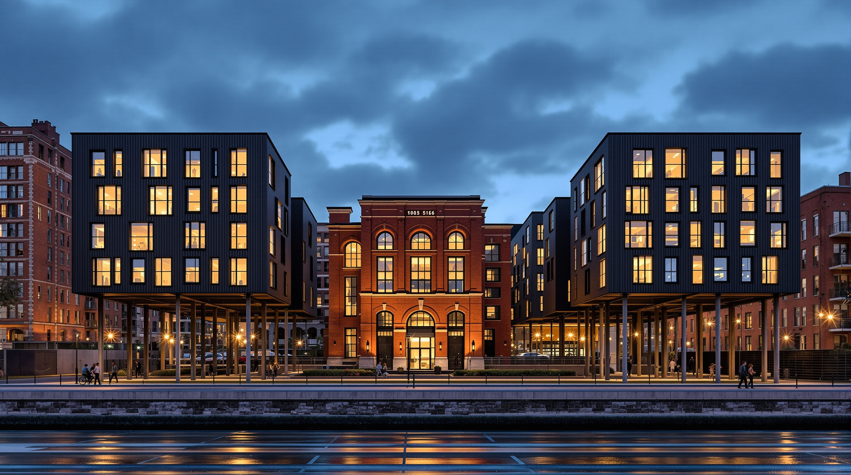 Exterior of the Pumphouse at dusk beside the Red River: the warm-lit 1906 brick pumping station in the centre, flanked by two dark metal-clad apartment towers raised on thin columns, their windows glowing, with the Winnipeg Exchange District warehouses behind