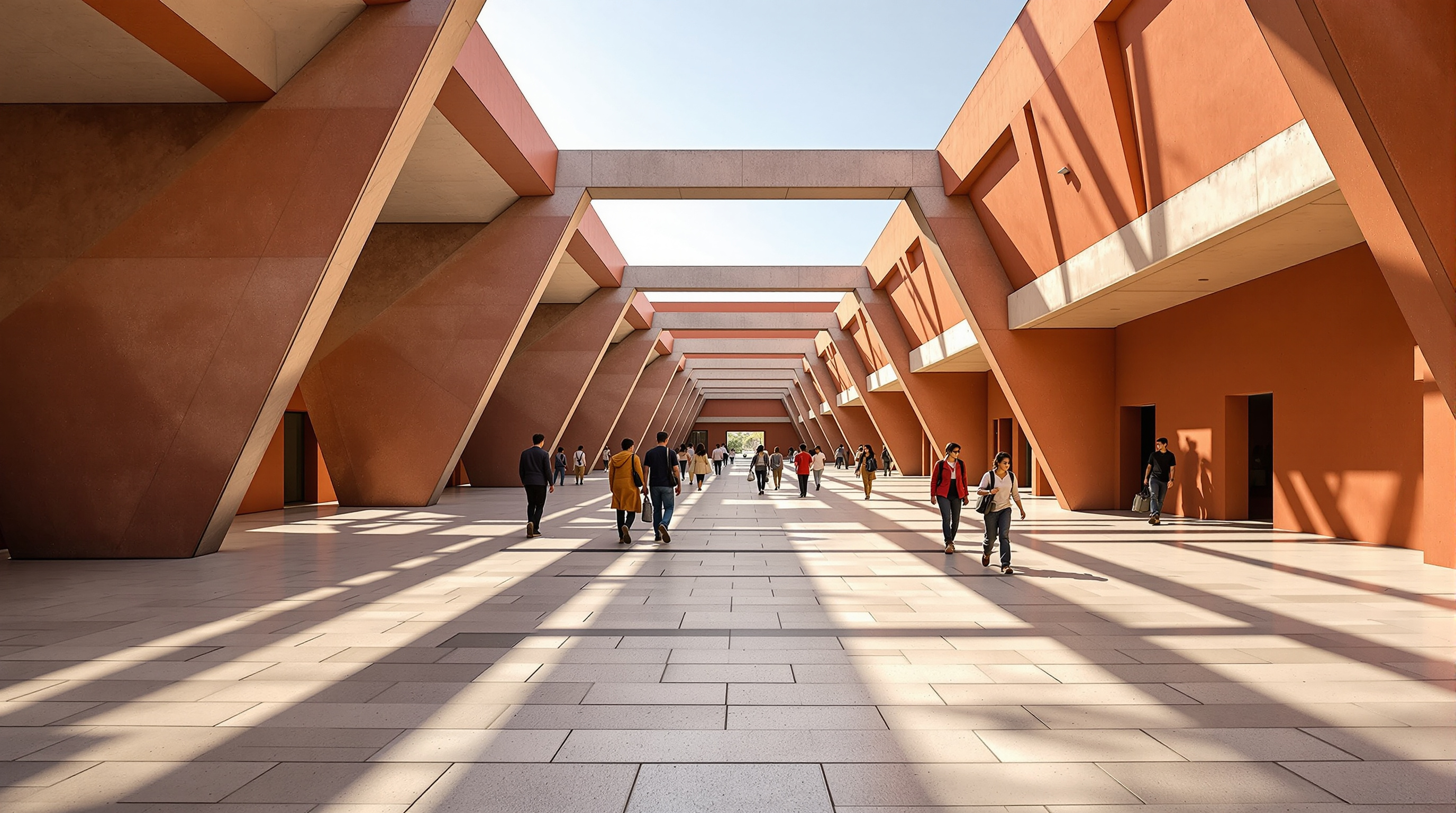 Students crossing the Rajasthan School's central courtyard on angular stone pathways, overhead trapezoidal concrete frames striping the ground with sharp diagonal shadows, red-ochre angled walls rising on either side