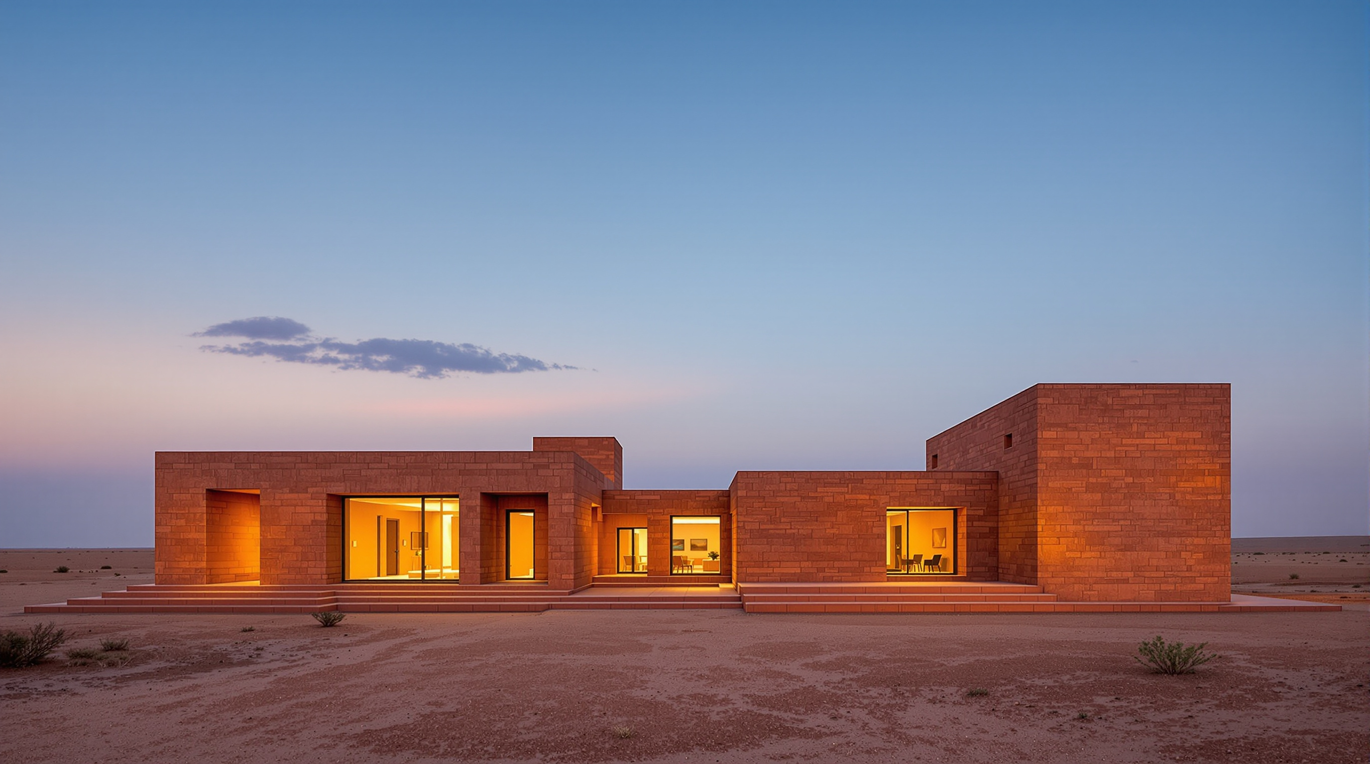 Exterior of the Rajasthan School at dusk: staggered blocks of red-ochre stone with sharply canted sun-breaker walls, deep-set north windows glowing warm, the flat scrub desert of Ras stretching to the horizon behind
