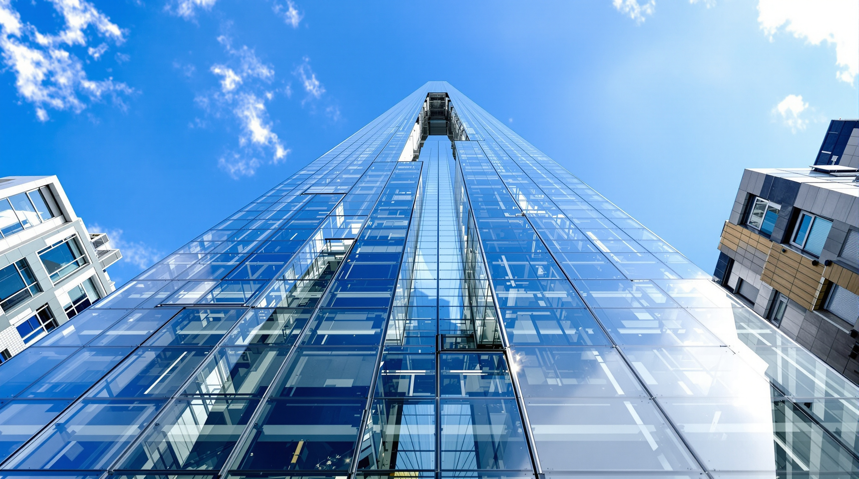 Looking straight up the inclined facade of the Shard, the pale faceted glass panels converging toward the fractured open spire against a bright sky, the shards separating and letting daylight through the gaps
