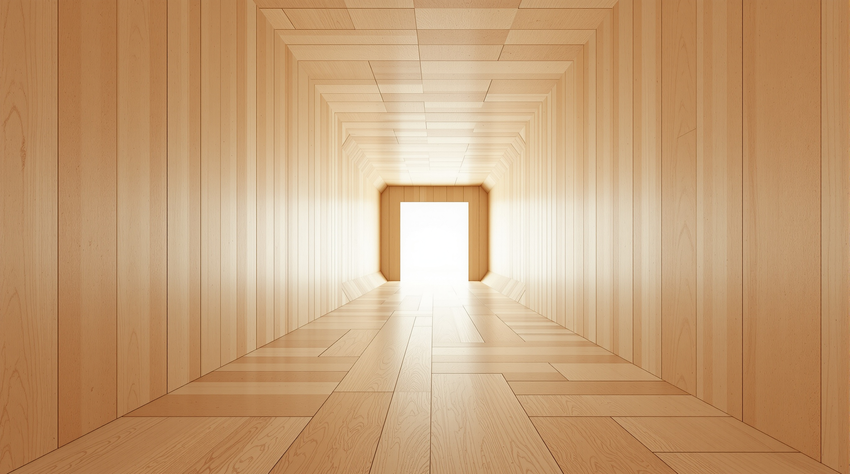 Inside The Smile looking along its length: a warm, pale timber tunnel of cross-laminated tulipwood, the floor curving gently upward toward a large bright rectangular opening at the far end that frames the sky, the CLT grain and panel joints visible across floor, walls and ceiling