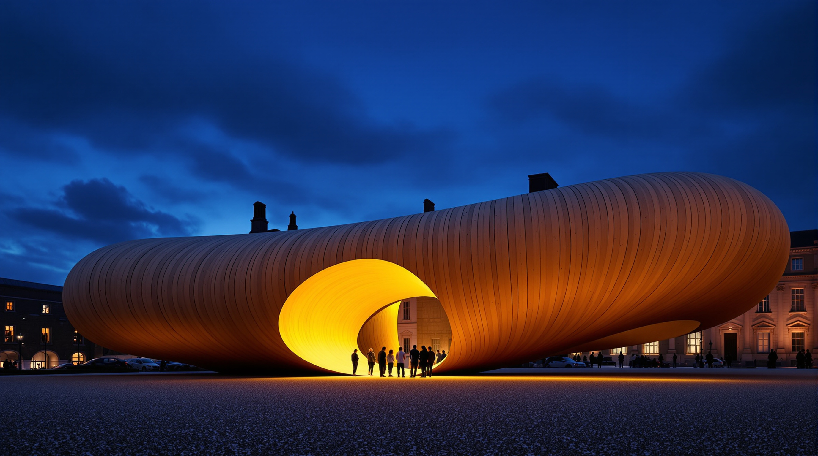 The Smile at dusk on the London parade ground, its curved tulipwood tube lit warmly from within so the two lifted ends glow against a deep blue sky, Tate Britain's stone facade faintly visible beyond, a few visitors silhouetted at the entrance slot