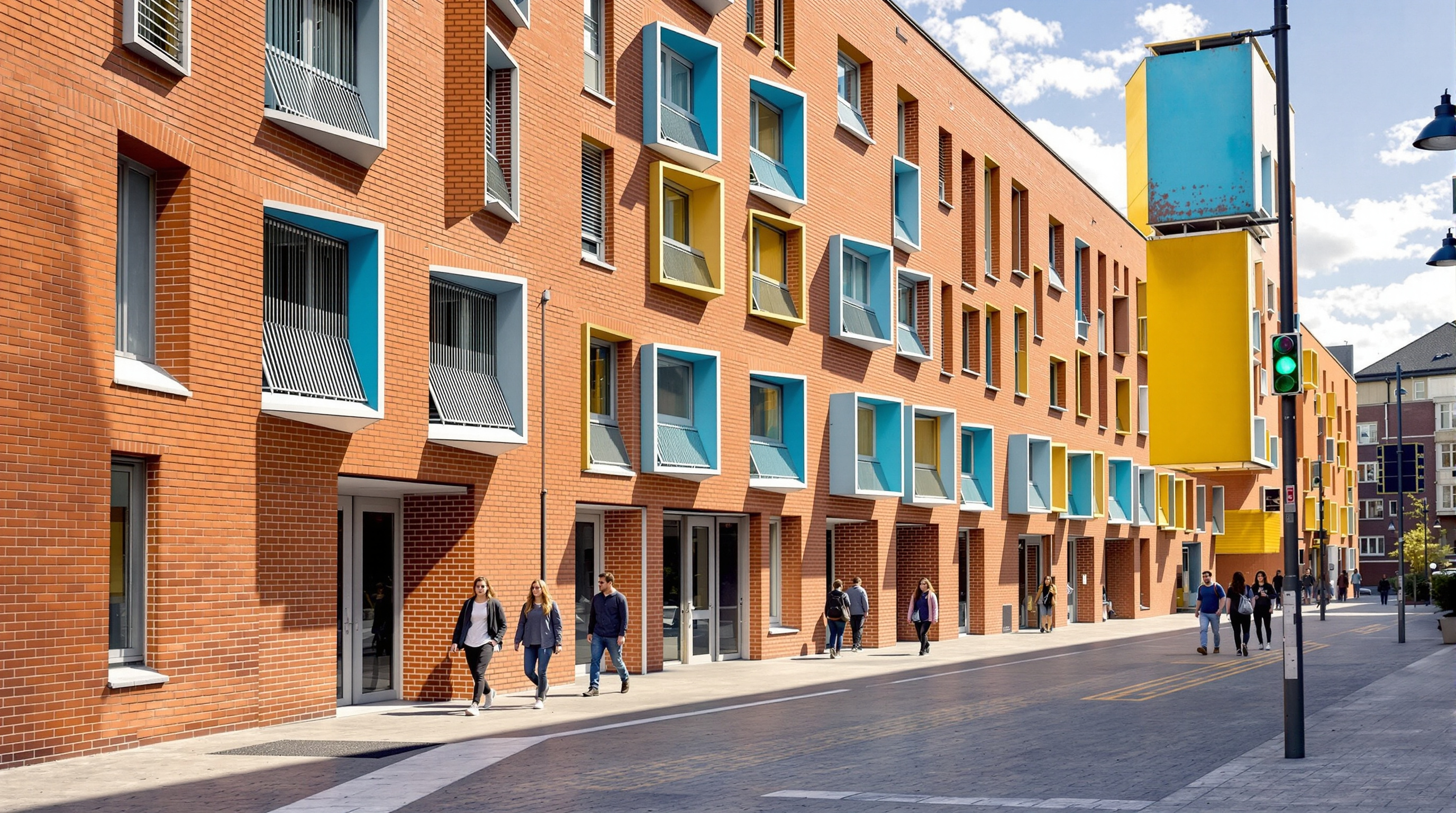Looking along the pedestrian street between two hostel blocks: warm brick walls with staggered breeze-block screens, angular bay windows stepping down the façade, their inner faces painted vivid blue and yellow, students walking through pools of shade