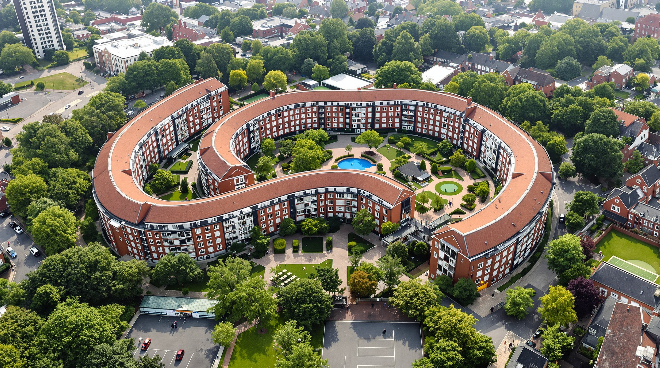 Aerial view of the five snaking hostel blocks from the north, their brick roofs bending across the wedge-shaped campus site, green gardens and a large playground in the foreground, the varied gaps between blocks reading clearly as a continuous pedestrian street