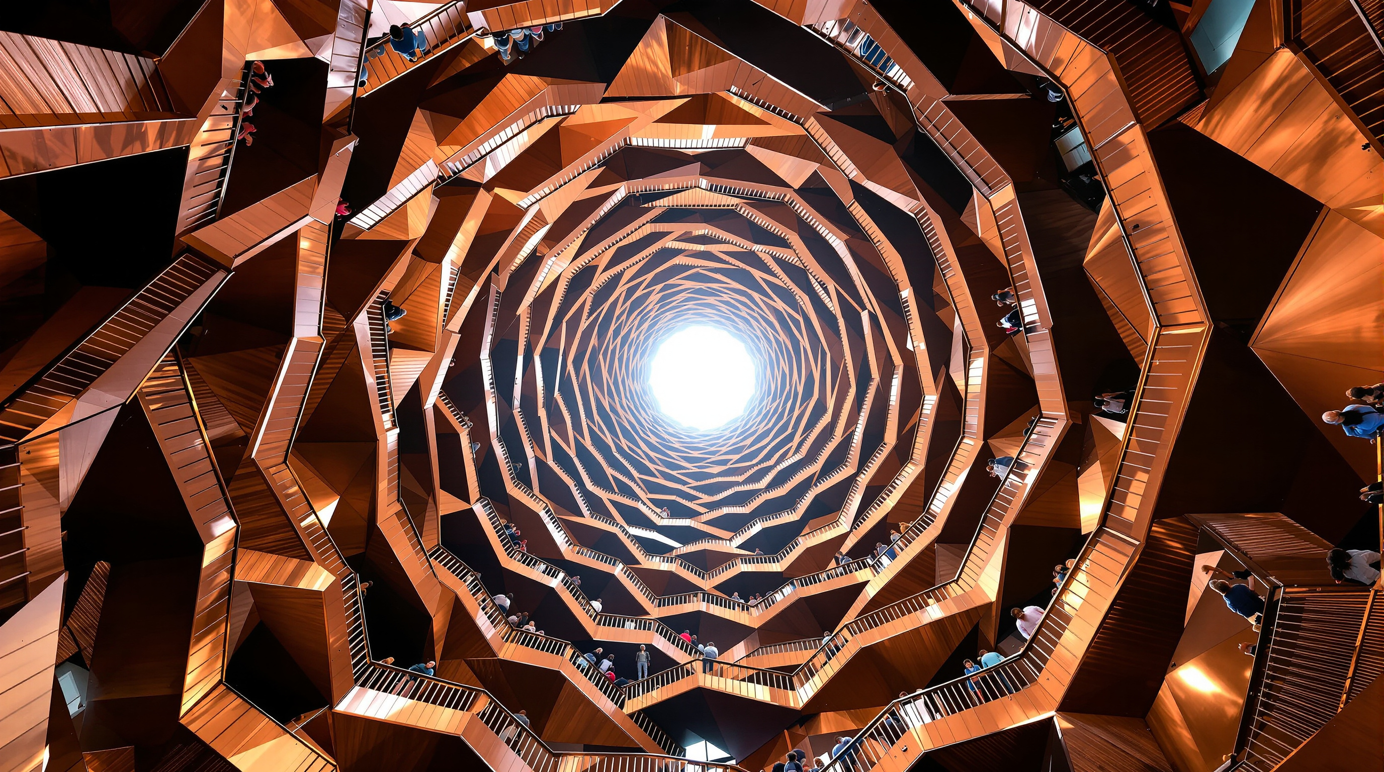 Looking upward from inside the Vessel: a dizzying, kaleidoscopic view of interlocking copper-colored staircases and triangular landings spiralling toward a bright opening of sky, visitors small on the flights above