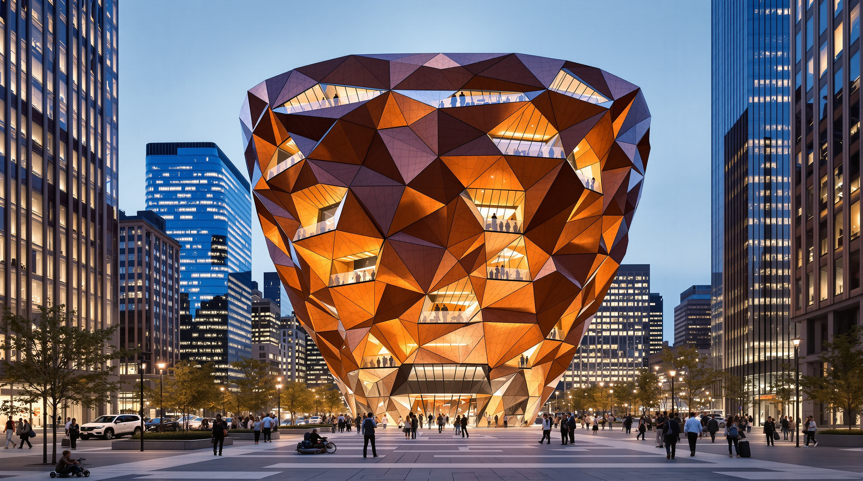 The Vessel viewed from the Hudson Yards plaza at dusk, its faceted copper-colored form glowing against illuminated glass skyscrapers, with the newly added floor-to-ceiling steel mesh safety barriers faintly visible enclosing each open level