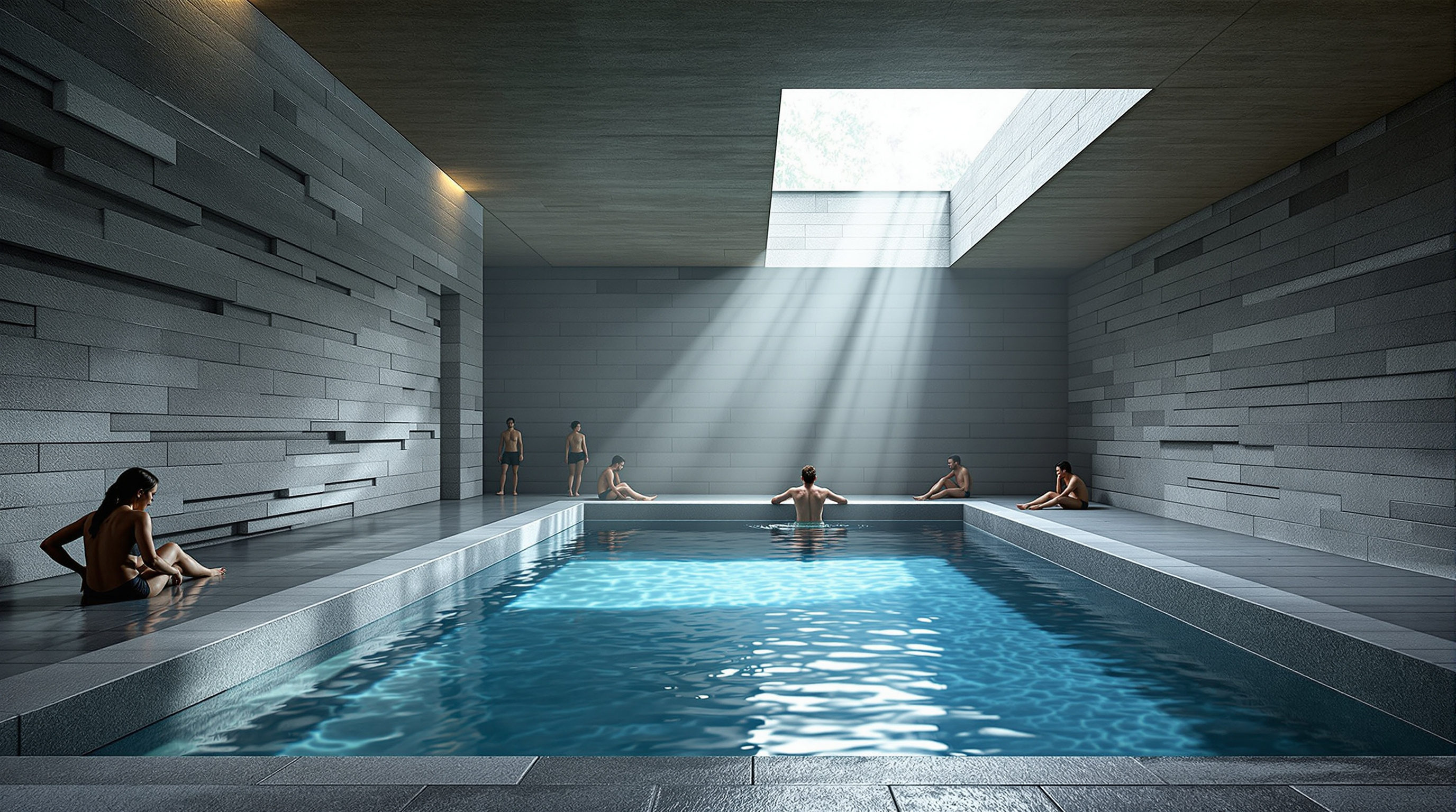 Inside Therme Vals: bathers moving slowly through the dim stone interior, thin blades of daylight falling from ceiling slots onto the still surface of a rectangular pool cut into grey quartzite, the walls built of finely layered stone courses