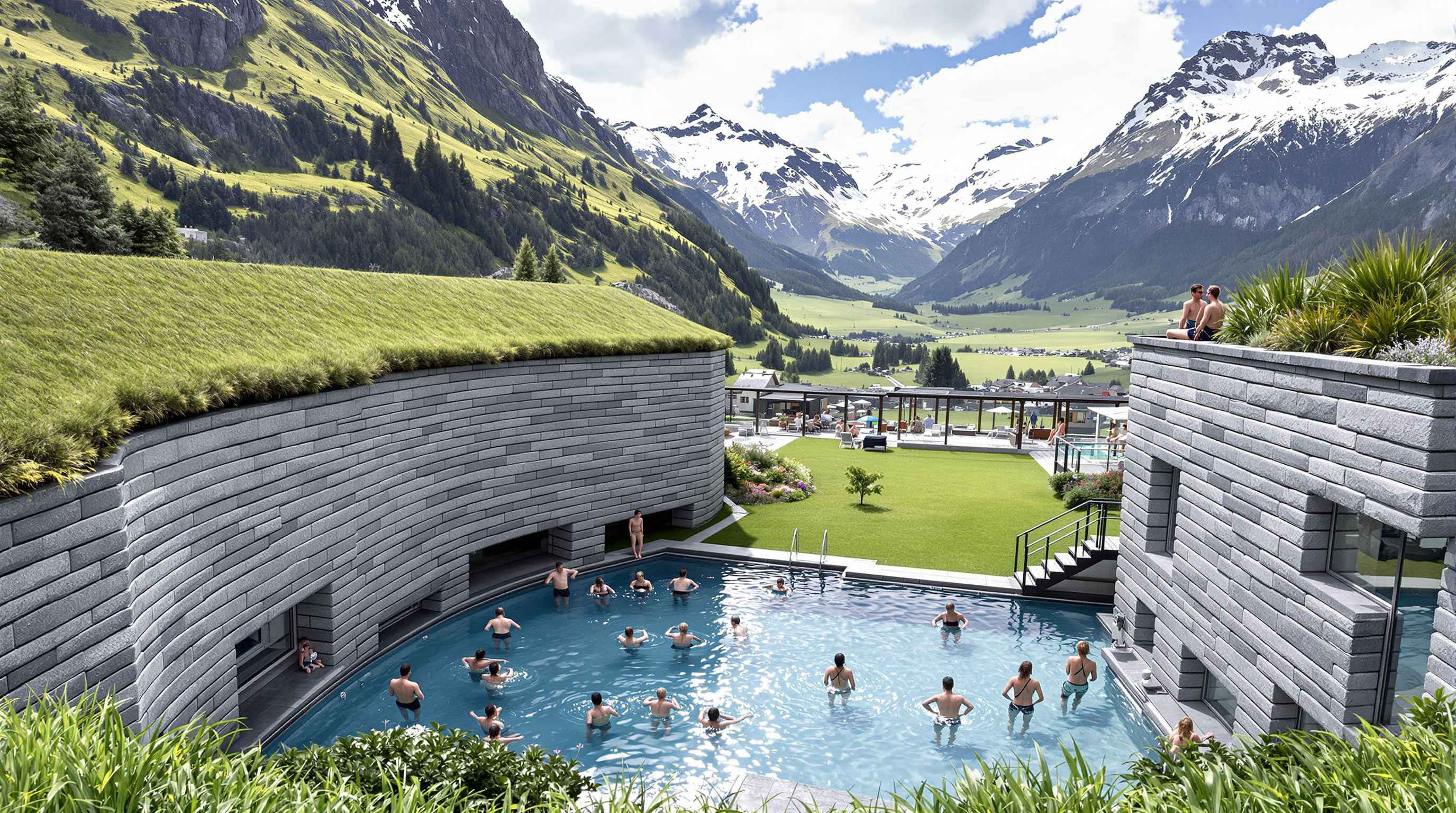 The outdoor pool at Therme Vals seen from above, bathers in the still water surrounded by grey layered-stone walls, the green Alpine valley and snow-dusted peaks of Graubünden rising beyond the grass-covered roof edge