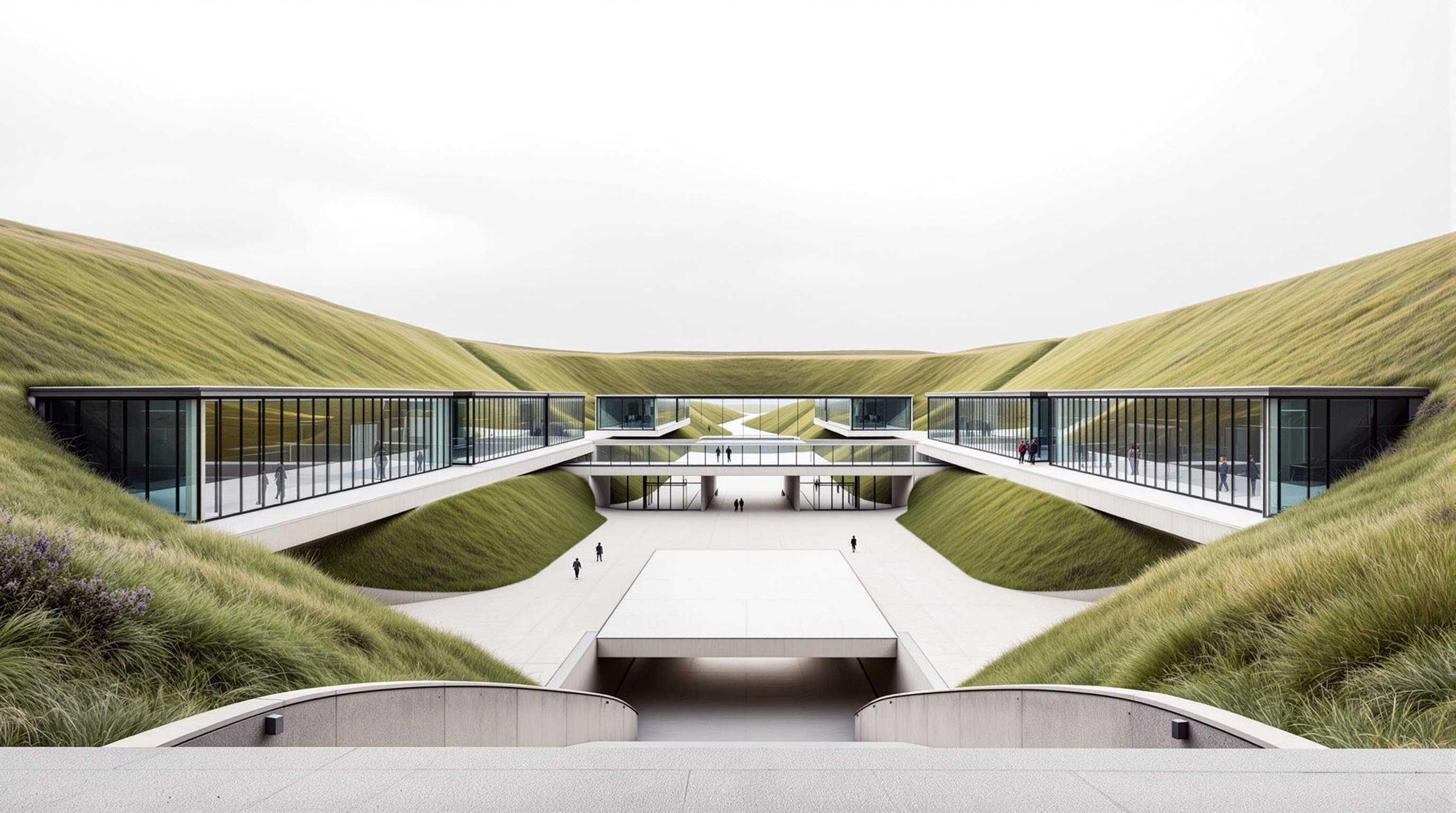 Looking down into the sunken central courtyard of the Tirpitz Museum: four glass-walled gallery fronts meet at right angles around an open-air clearing paved in pale concrete, grassy dune slopes rising on every side toward the sky, visitors descending a broad ramp into the light-filled void