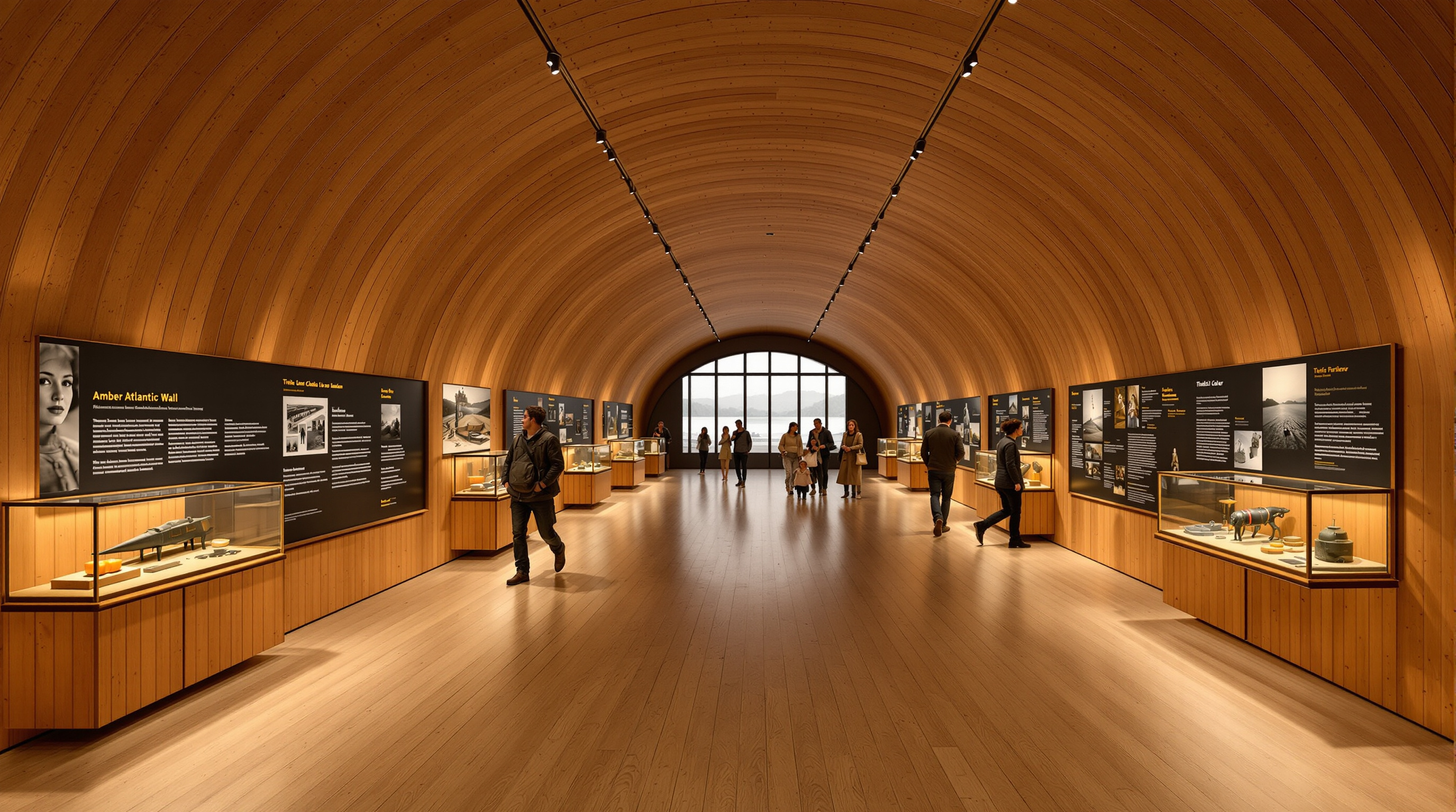 A long timber-lined gallery inside the Tirpitz Museum, warm oak walls and floor curving into the sand-buried volume, softly lit display cases and immersive exhibition scenography by Tinker Imagineers, a few visitors moving quietly through the amber and Atlantic Wall displays
