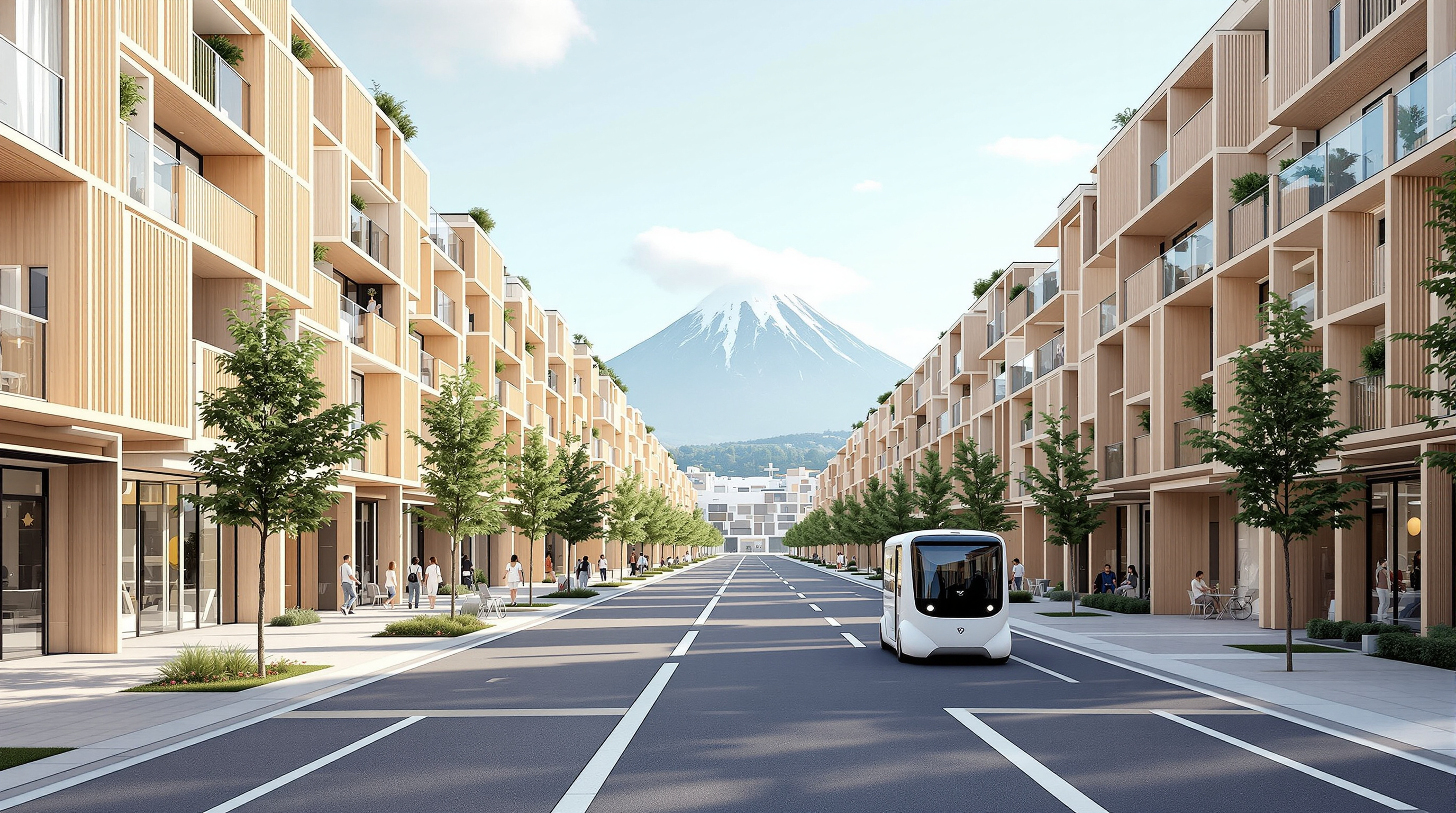 A wide car-free promenade in Toyota Woven City lined with low timber apartment blocks, their facades of pale wood slats and glass, planted terraces stepping up each floor, a small white boxy autonomous e-Palette pod gliding along a separate lane in the distance with Mount Fuji framed at the end of the street