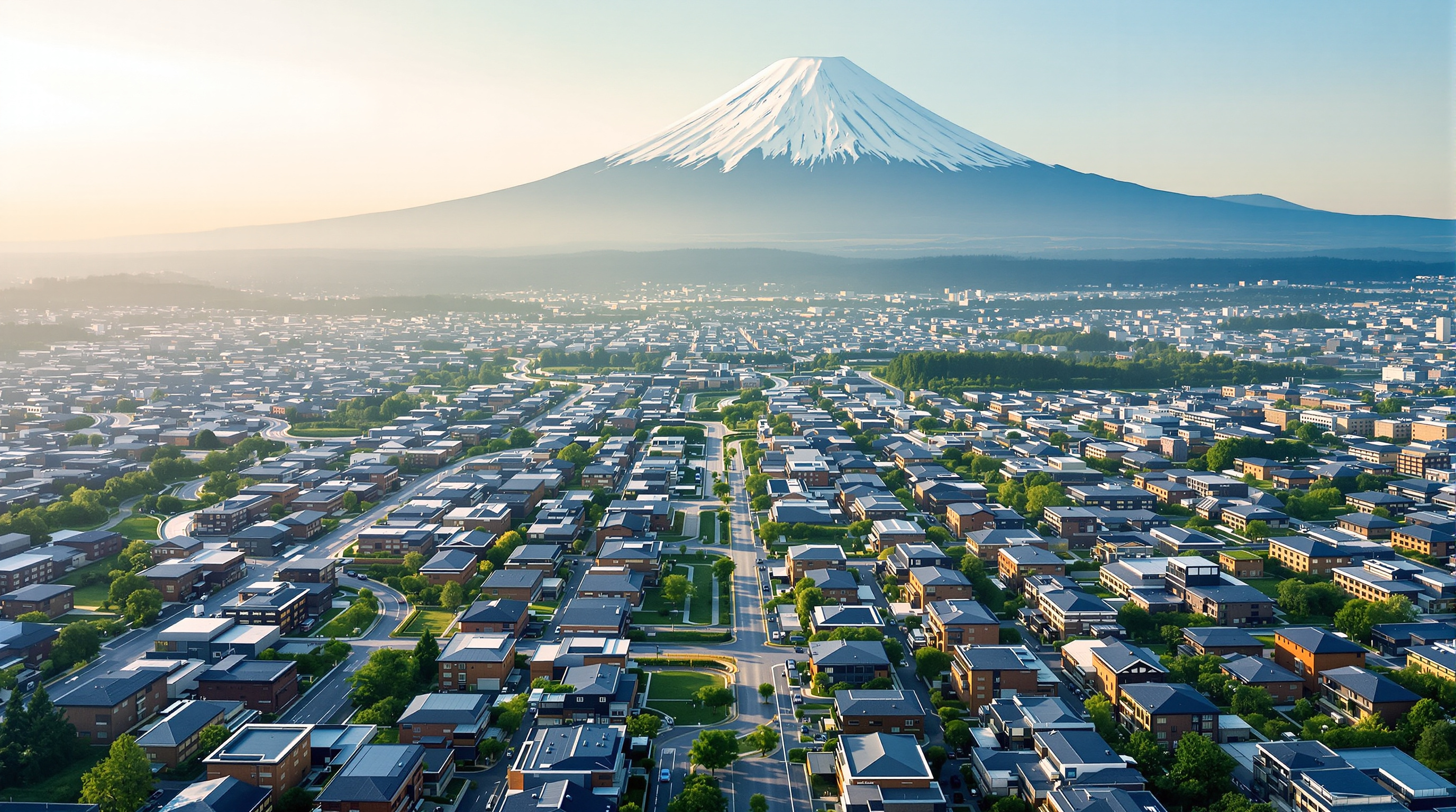 Aerial view of Toyota Woven City showing the interlaced pattern of streets forming a grid of blocks of low timber buildings, green pedestrian corridors threading between them, the whole settlement set against the broad snow-streaked cone of Mount Fuji under soft morning light