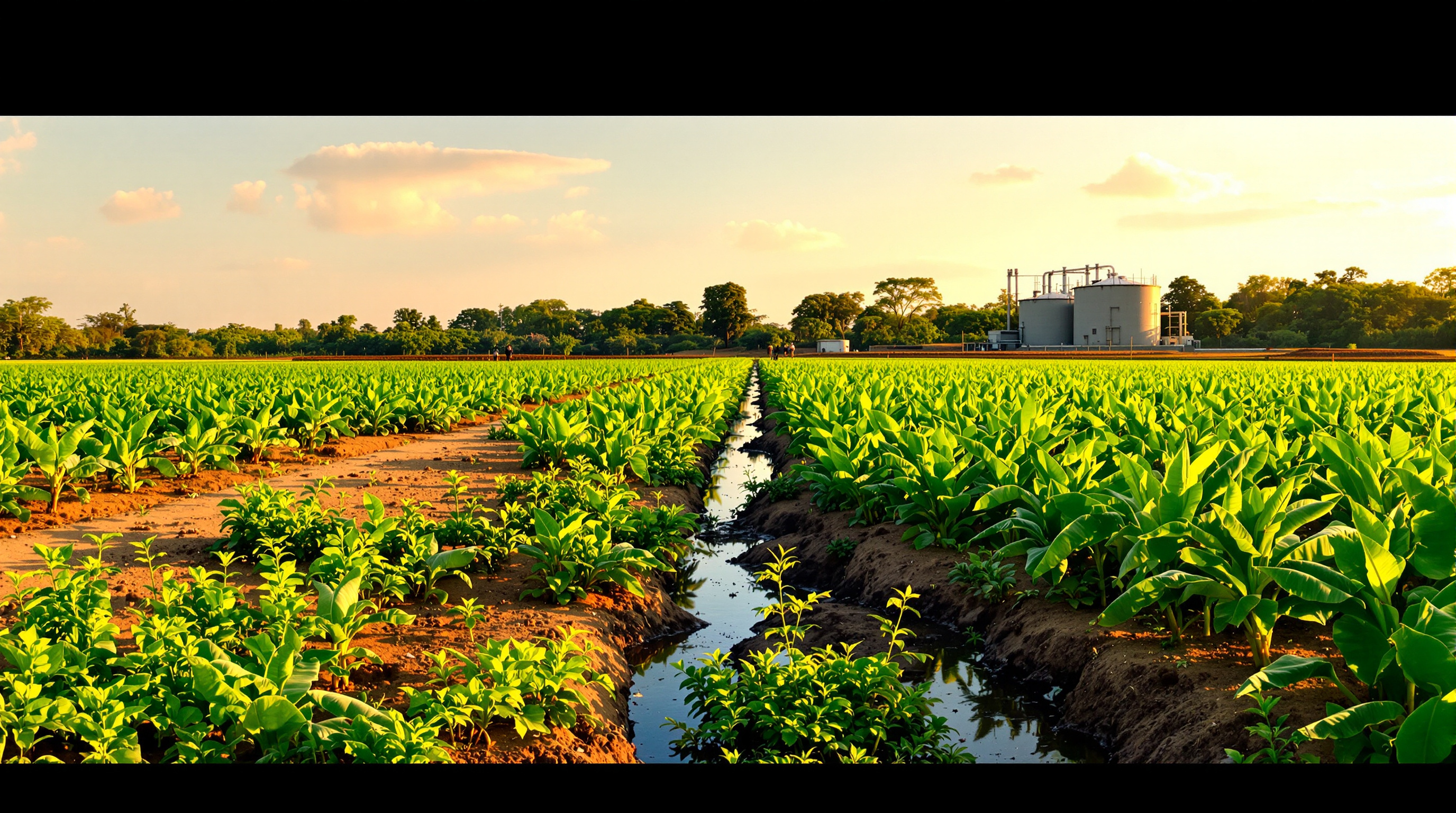 Lush green fodder and banana field being irrigated in rural Karnataka, with sewage treatment tanks visible in the background